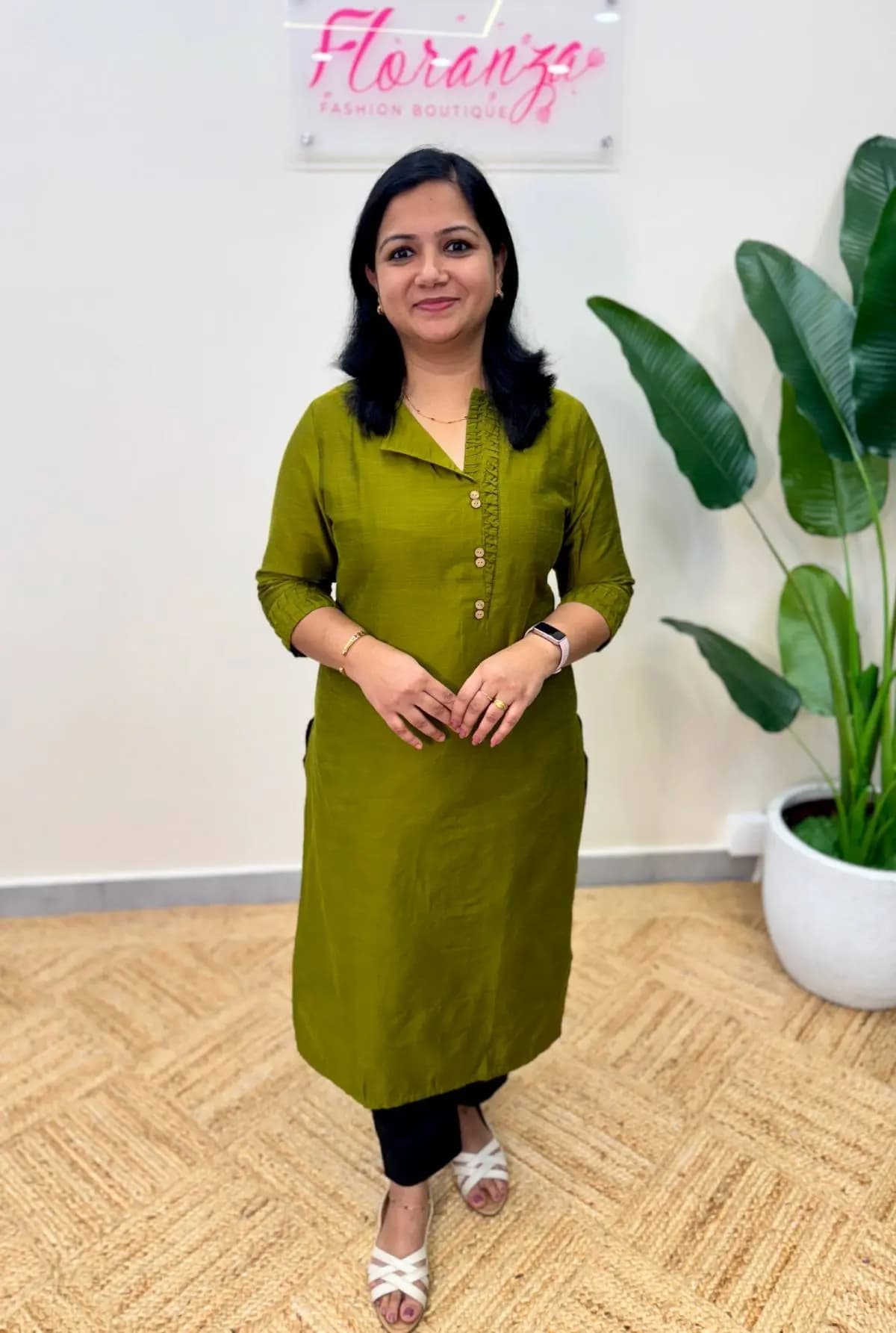 Kurti in Slub Silk - Olive Green