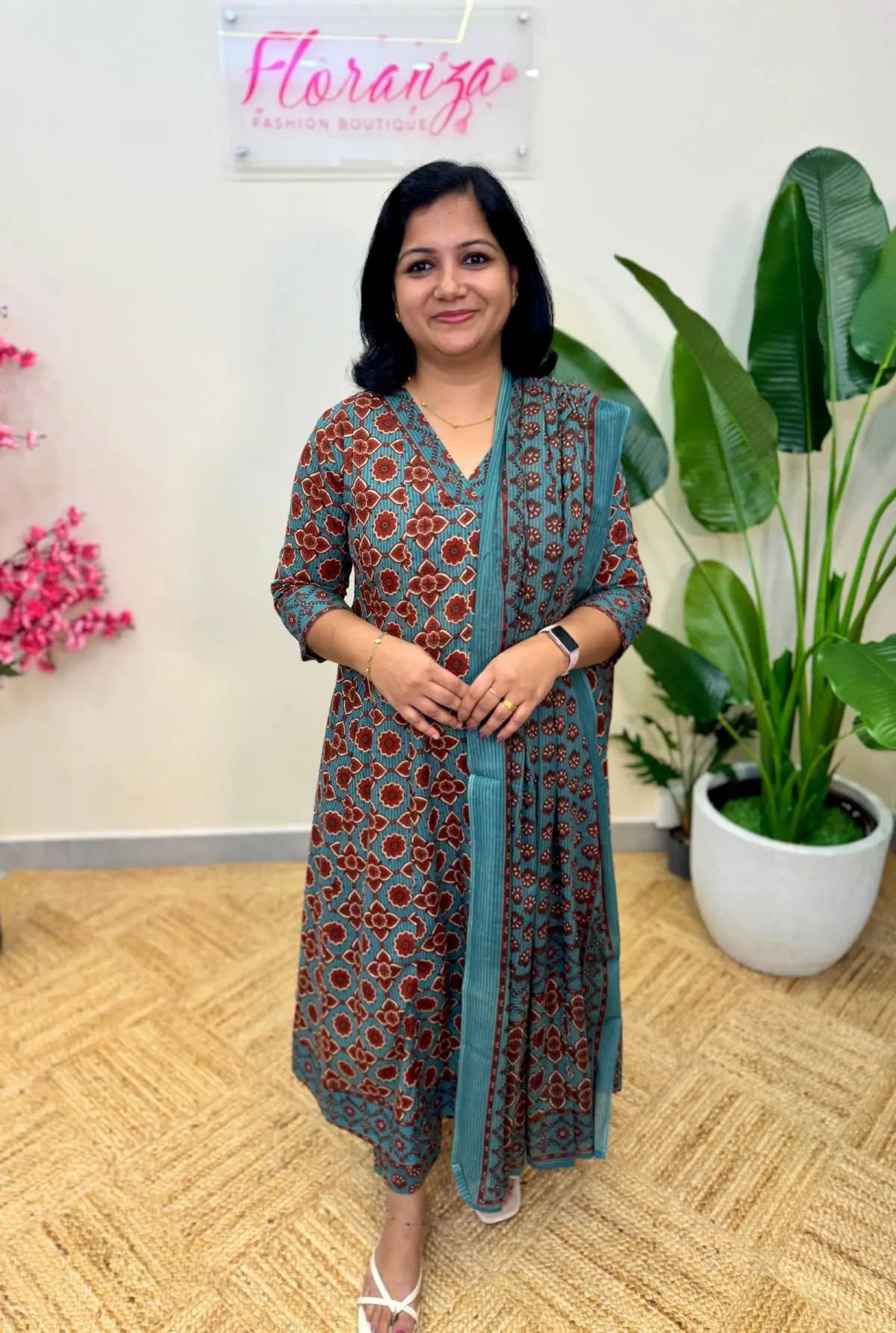 Offer Sale - Anarkali 3 piece set in cotton -  Light teal blue