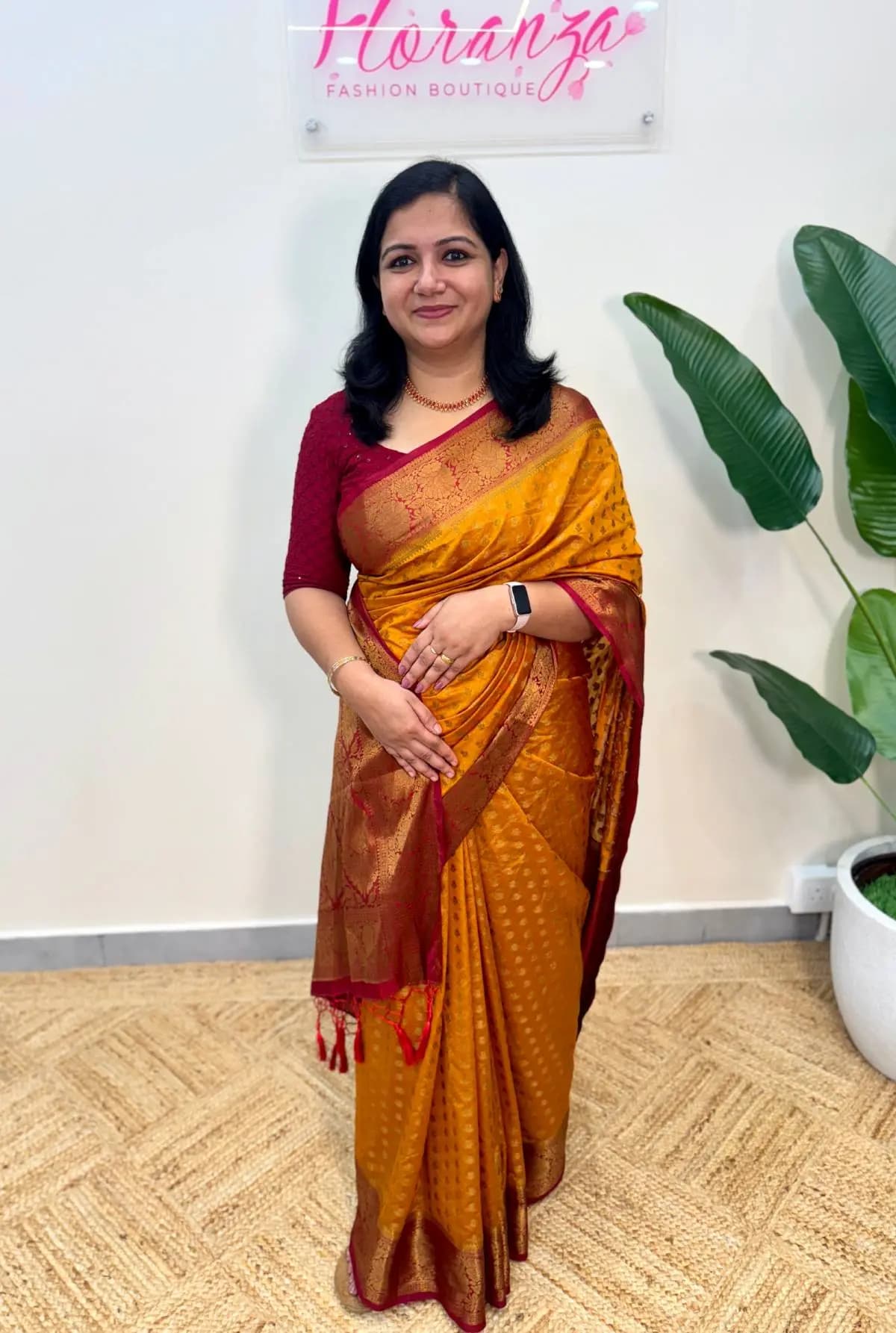 PRE BOOK Party wear Semi Banarasi Saree -  Mustard Yellow plus Reddish Maroon