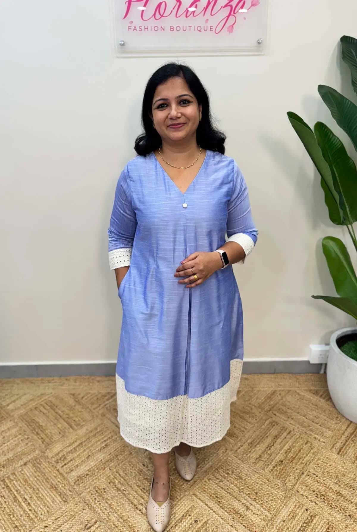 Florista A line kurti in Slub Silk -  Blue mix lavender
