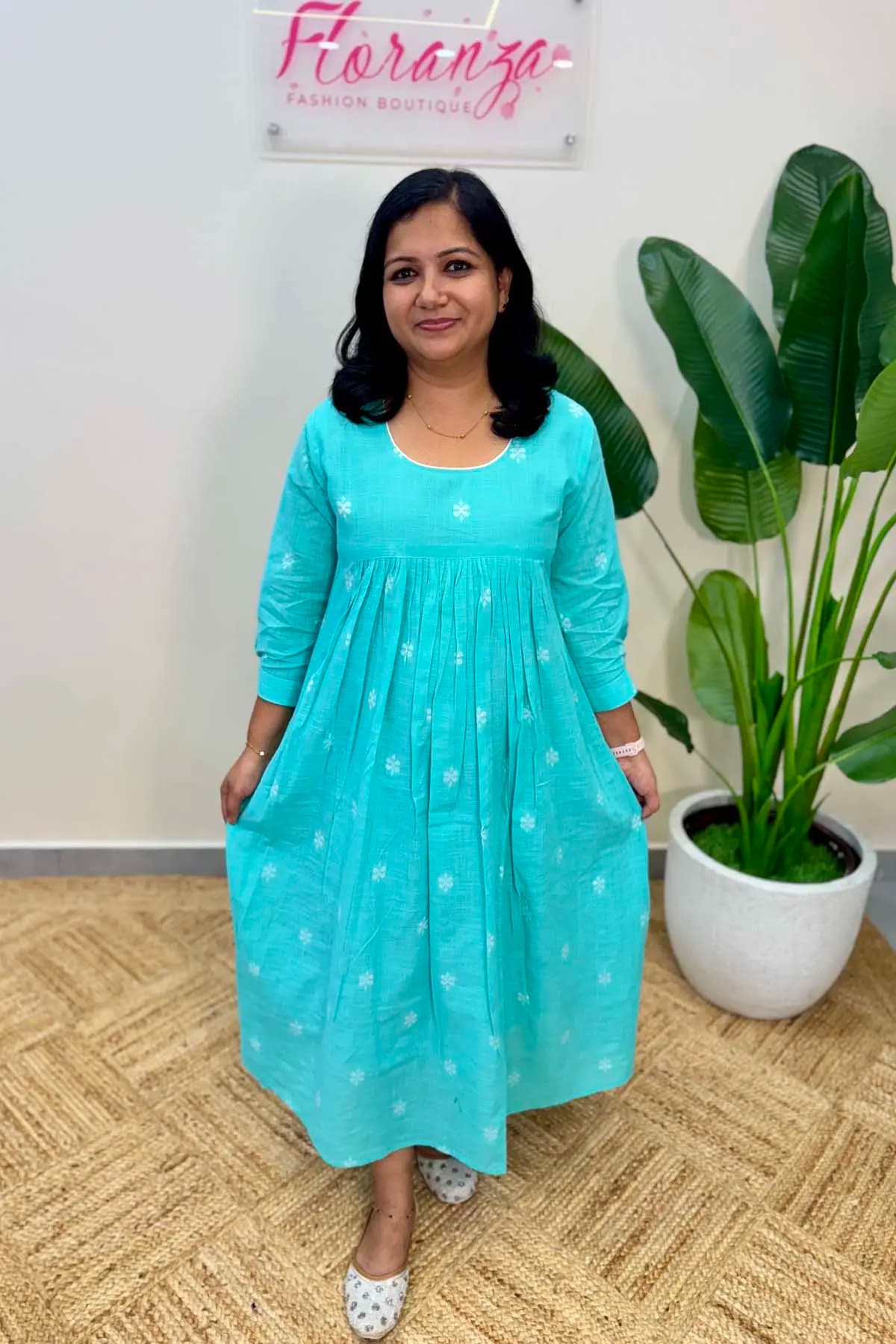 Offer Sale A line Kurti in Hand Weaved Cotton - Turquoise Green