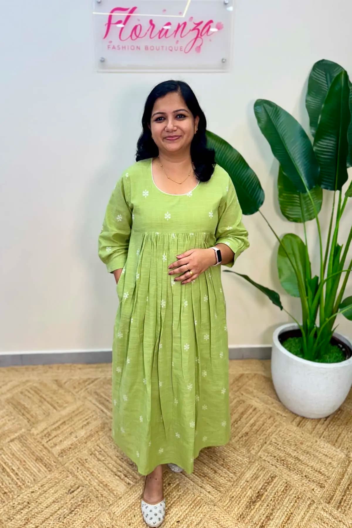 Offer Sale - A line Kurti in Hand Weaved Cotton - Pista Green
