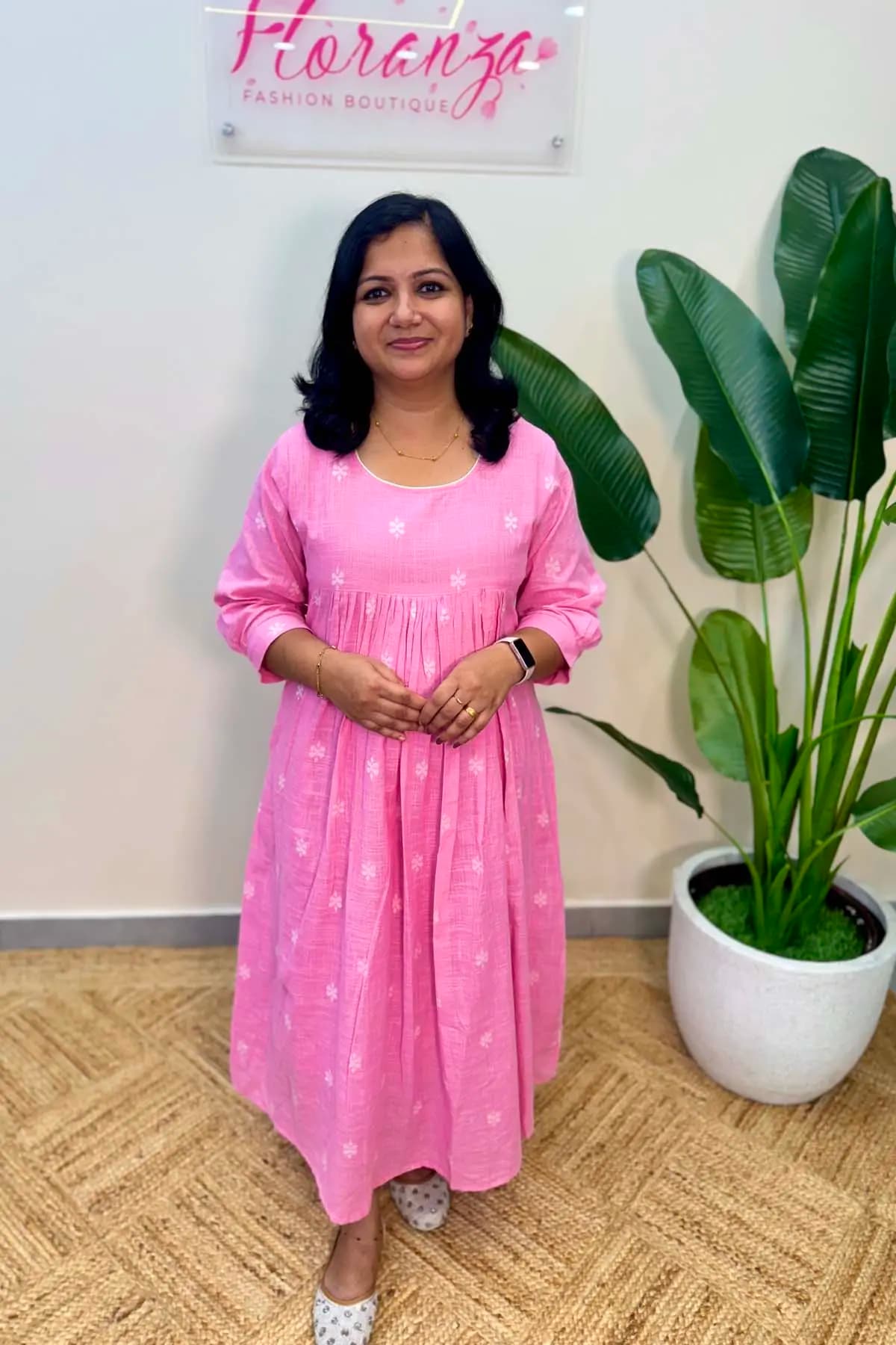 Offer Sale A line Kurti in Hand Weaved Cotton - Pink