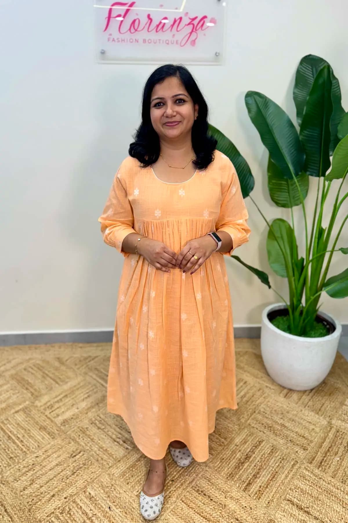 Offer Sale A line Kurti in Hand Weaved Cotton - Peach
