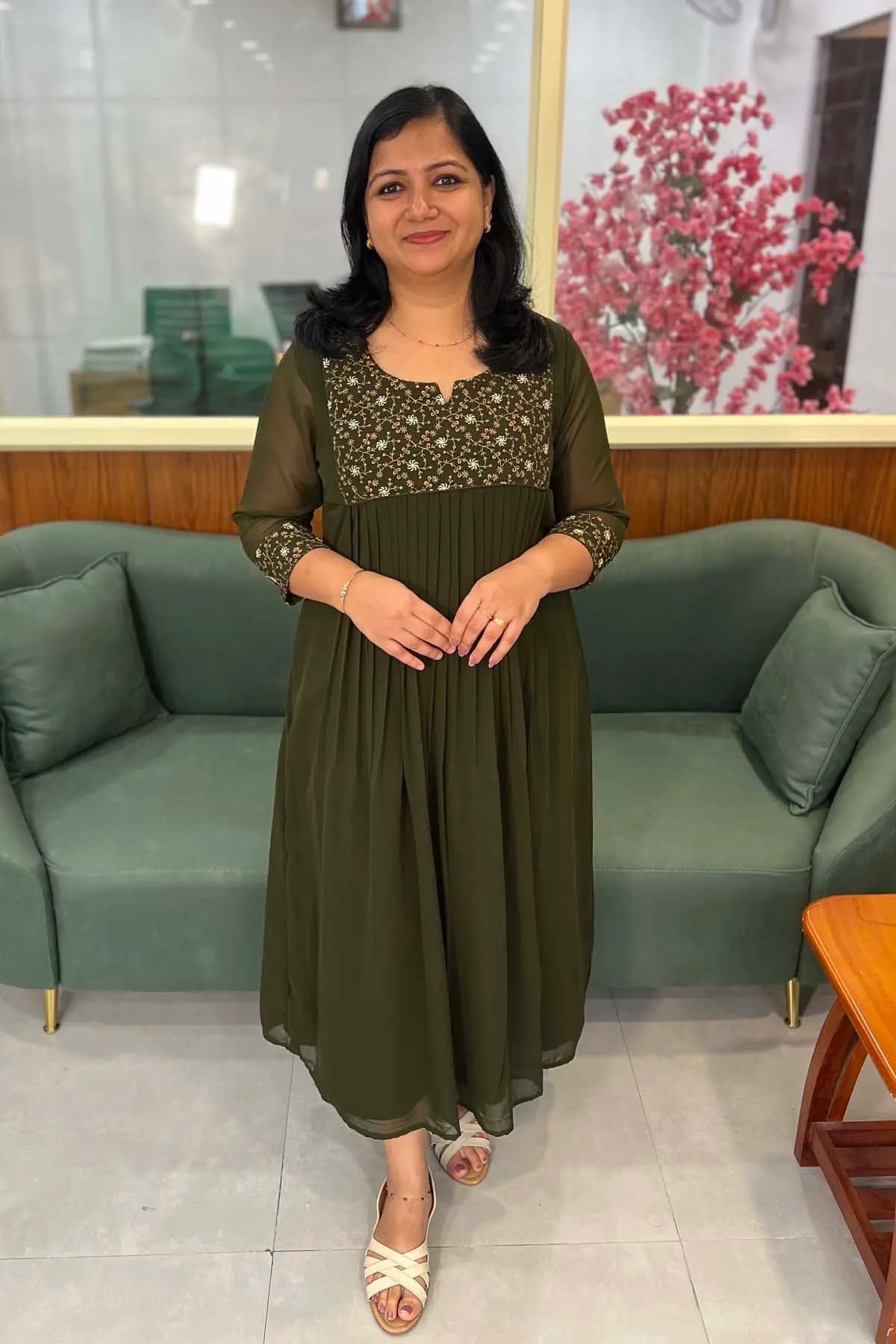 PRE-BOOK Florista A Line Kurti in Georgette - Dry Mehandi Green