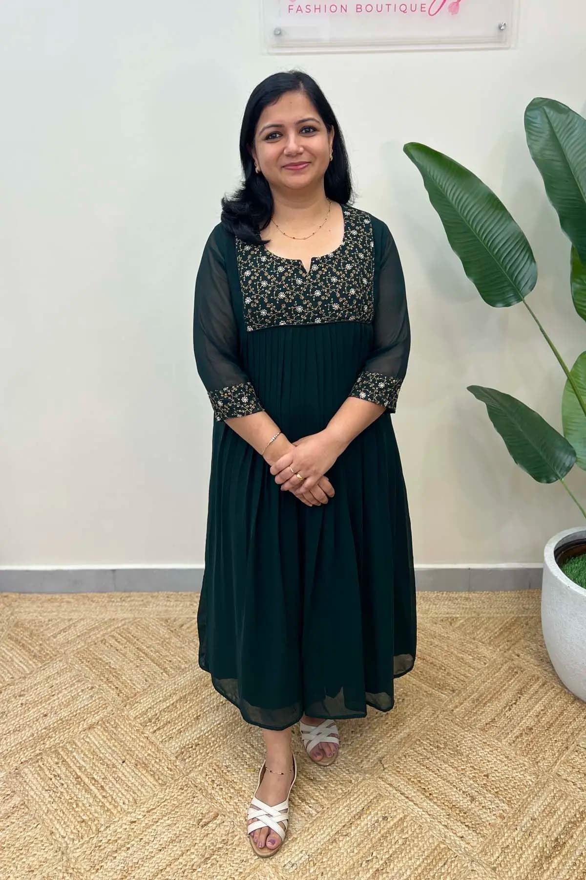 PRE-BOOK Florista A Line Kurti in Georgette -  Dark Green