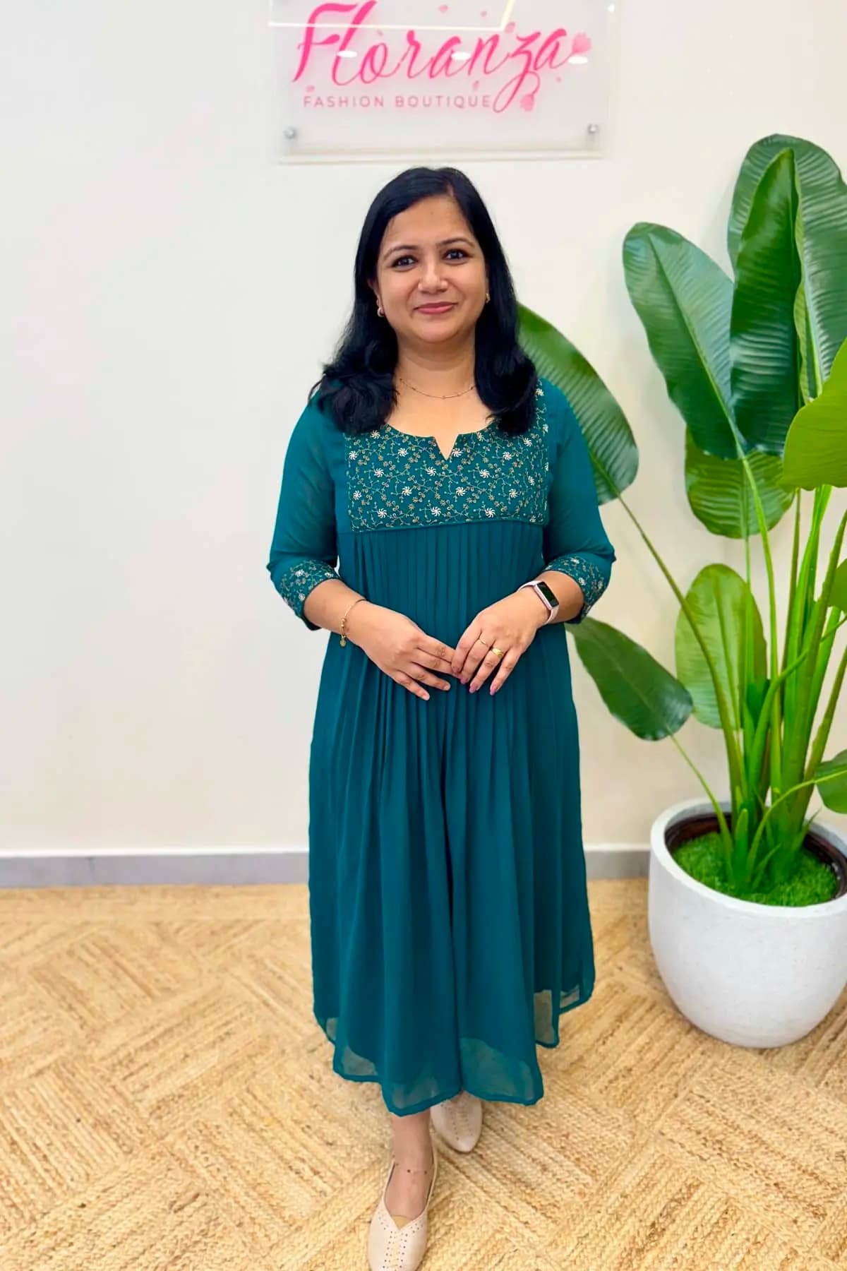 PRE-BOOK Florista A Line Kurti in Georgette -  Dark Peacock Green