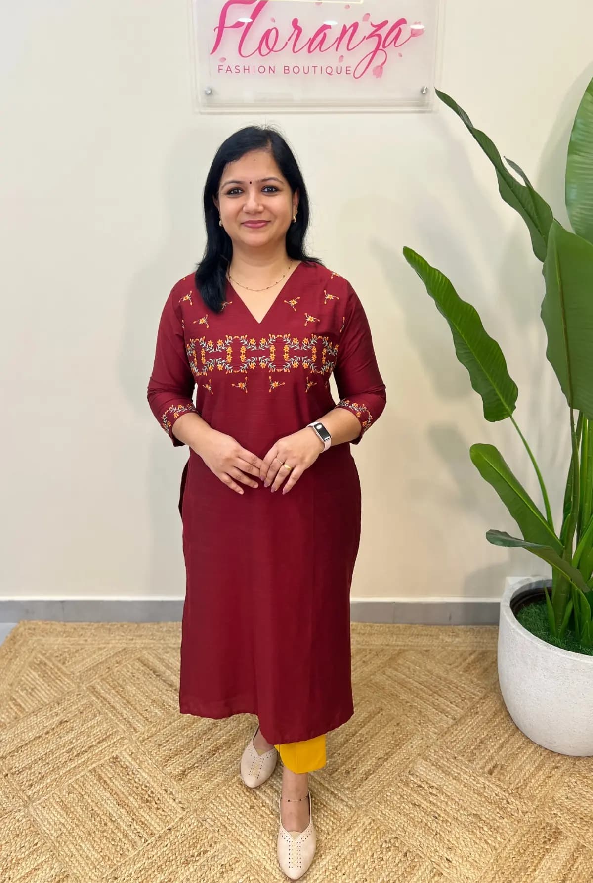 Florista Kurti in Slub Silk - Dark Maroon