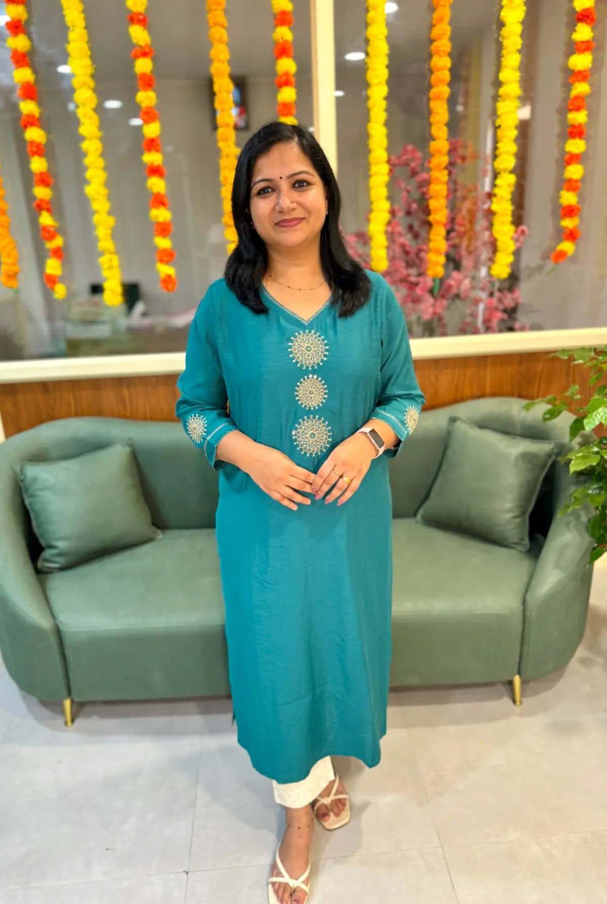 Anvita Brand Kurti in Semi Silk Fabric - Peacock Green and Teal Blue and Green mix