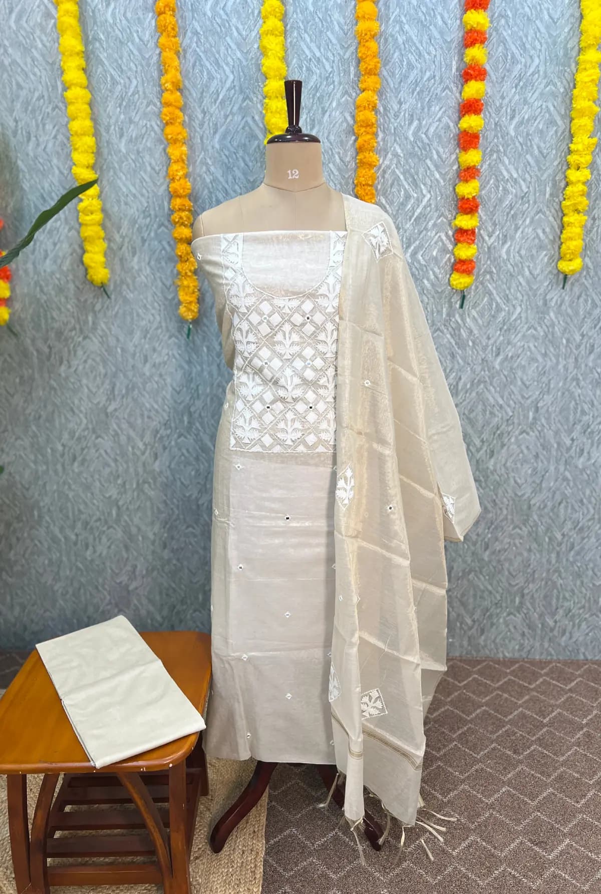 Unstitched Salwar Material in Premium Tissue - Off white mix Light Chiku