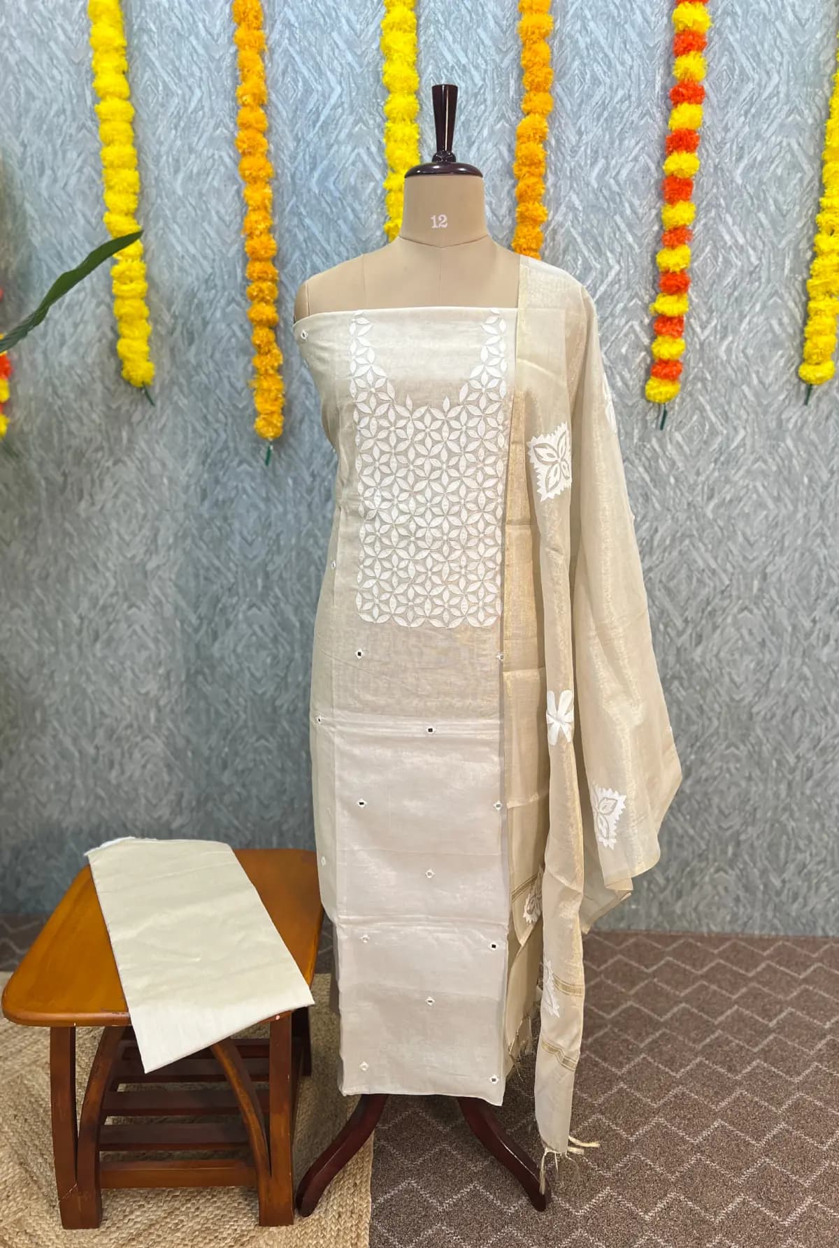 Unstitched Salwar Material in Premium Tissue - Off white mix Light Chiku