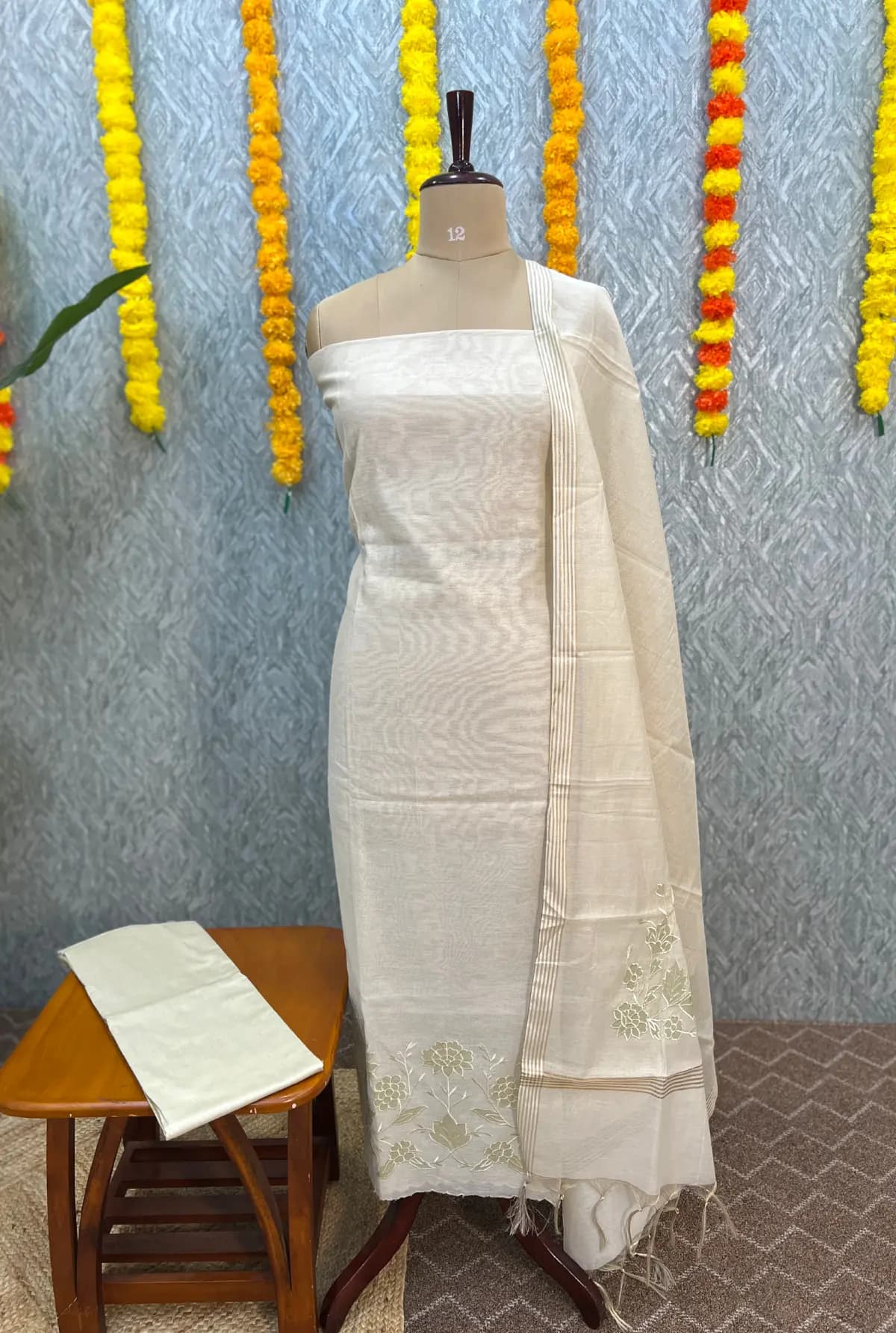 Unstitched Salwar Material in Premium Tissue  - Off white mix Light Chiku