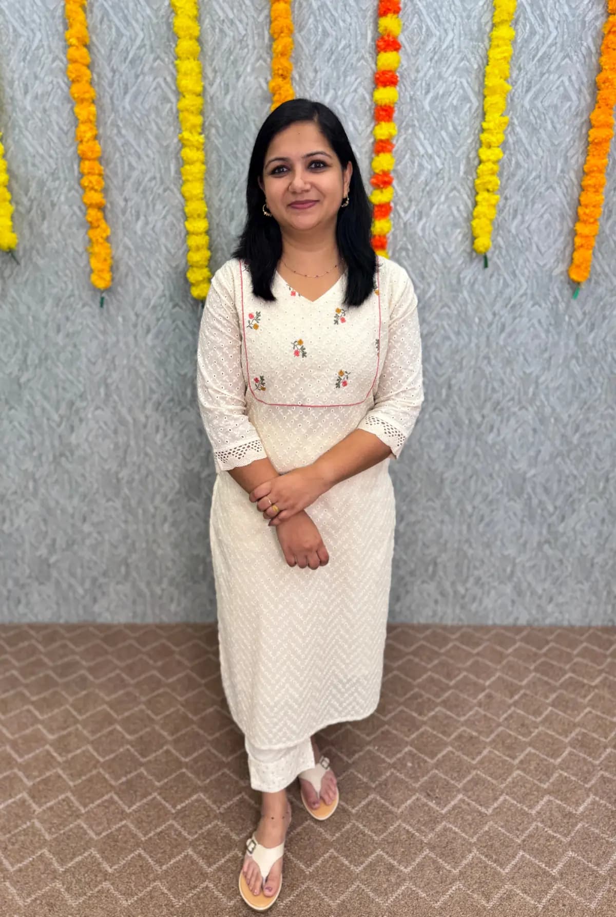 Onam Special Slitted Hakoba Embroidery Kurti - Off-White (B)