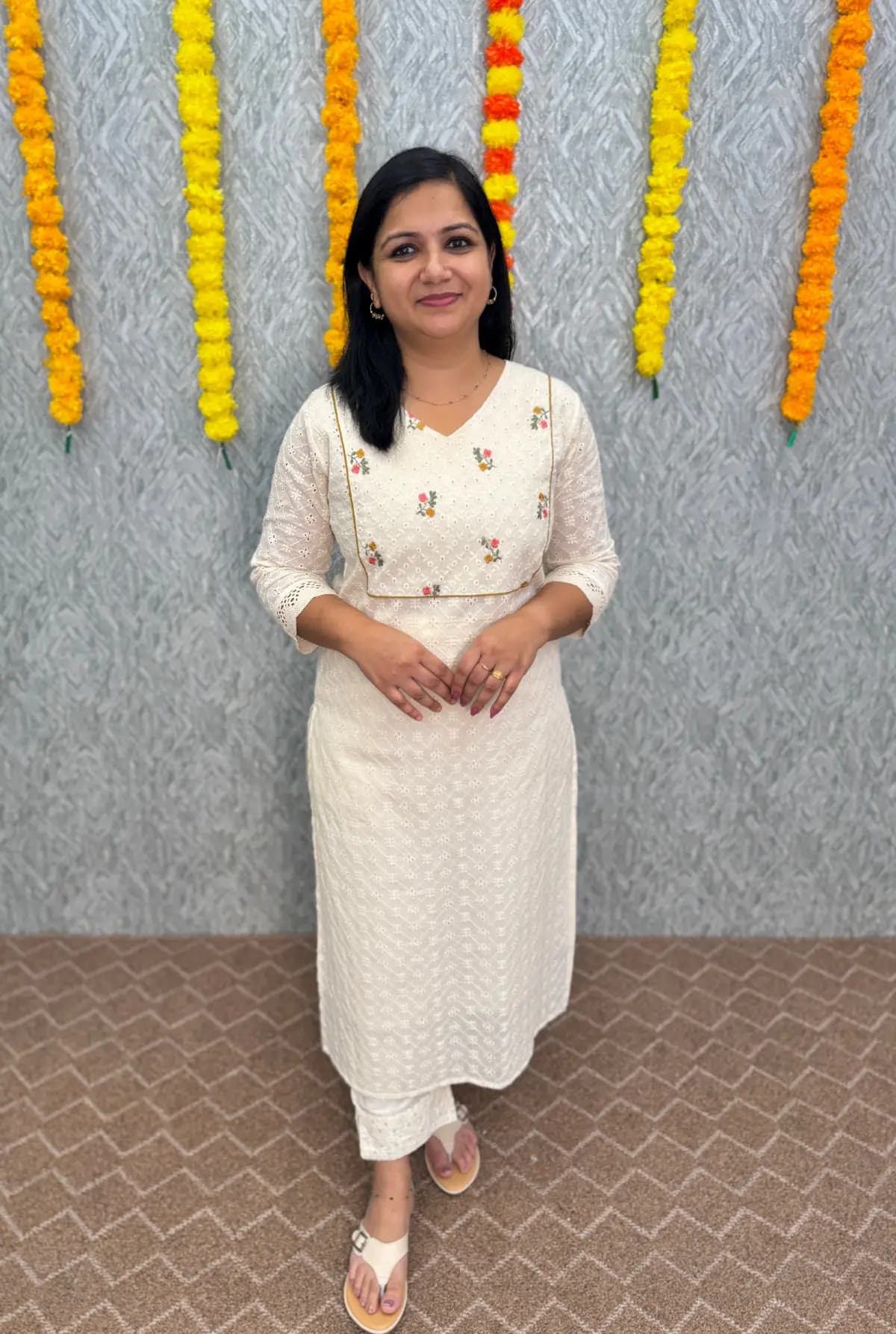 Onam Special Slitted Hakoba Embroidery Kurti - Off-White (C)
