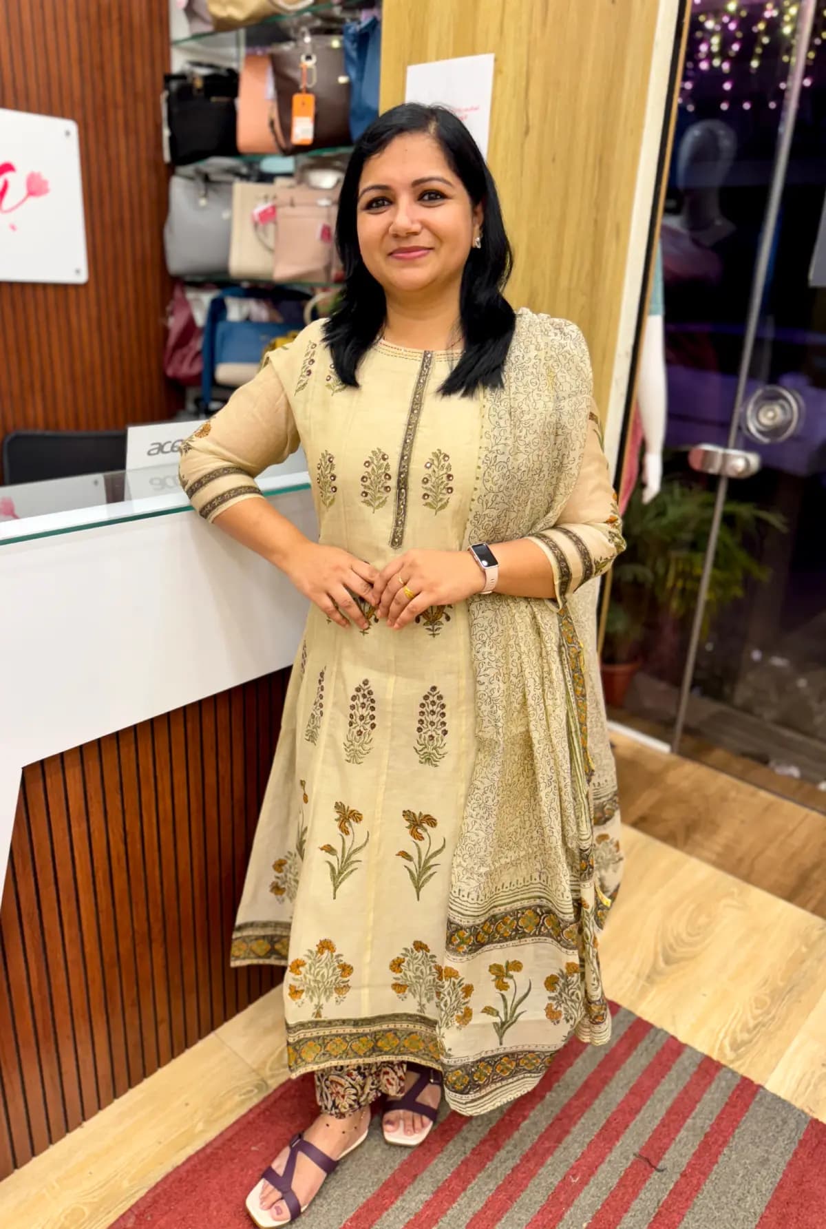 3 Piece Set in Chanderi Fabric - Beige and chiku mix