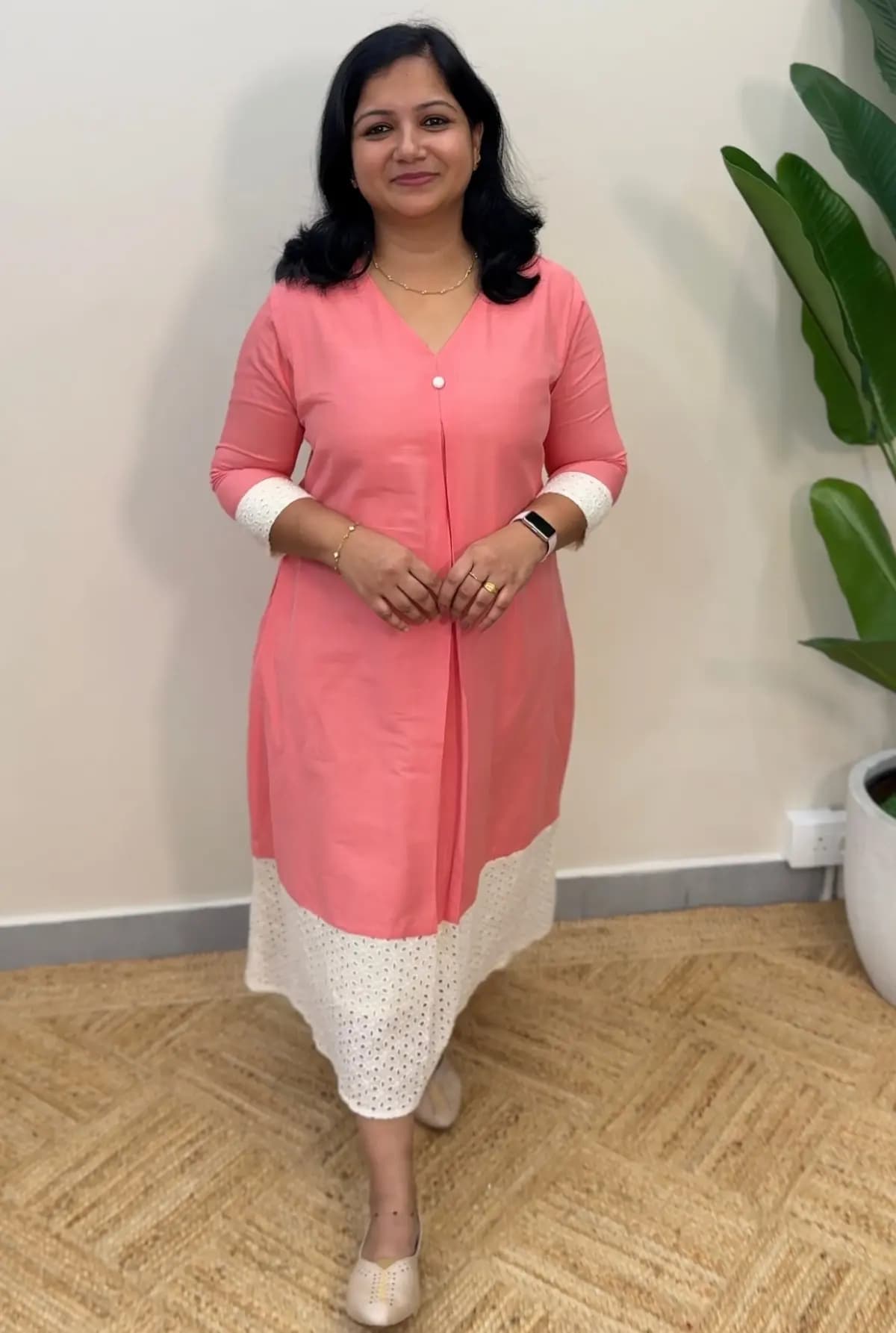 Florista A line kurti in Slub Silk - Light Peach