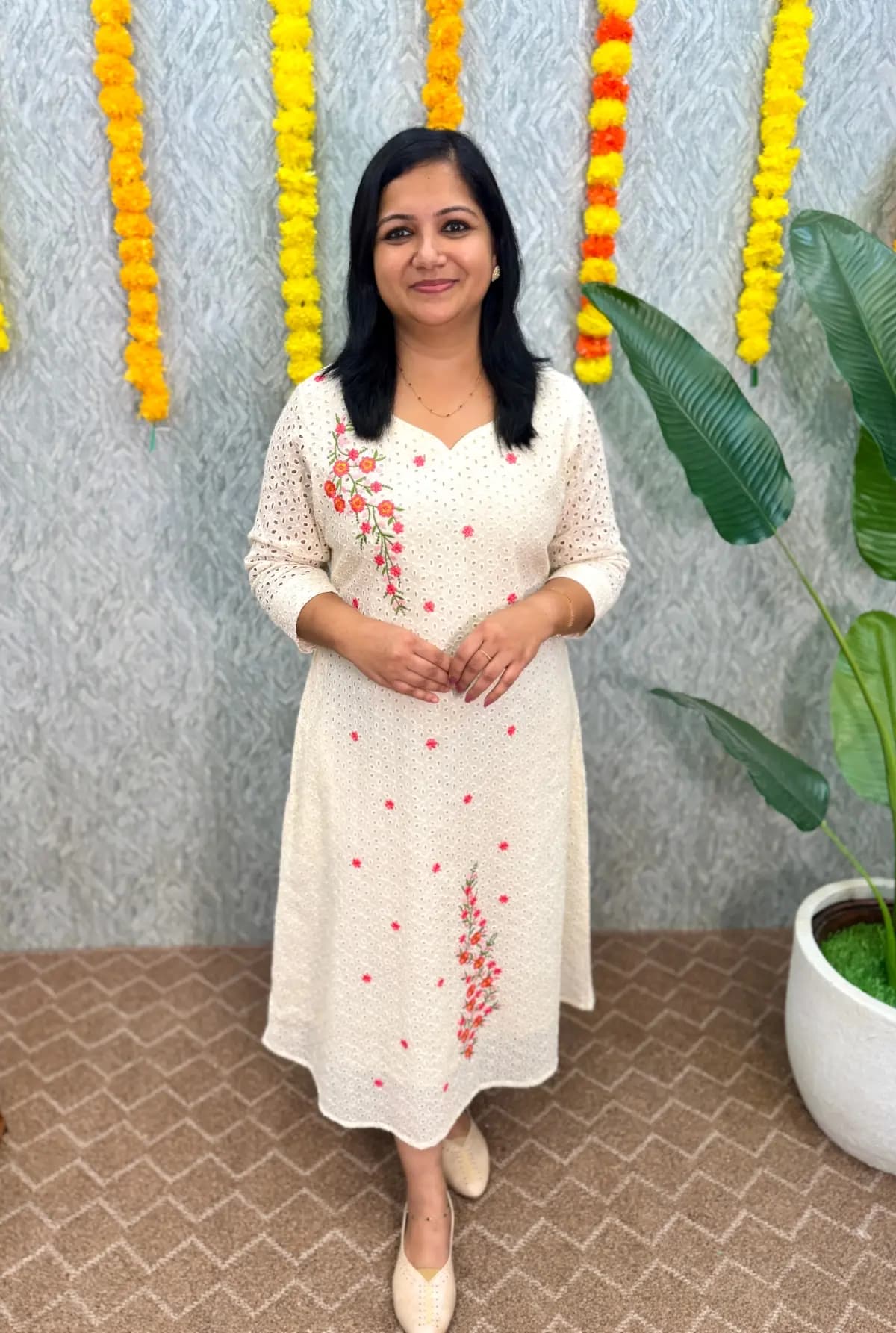 Pre-book Onam Special Pure Cotton Hakoba Aline Kurti - Off-White with Peach n Green
