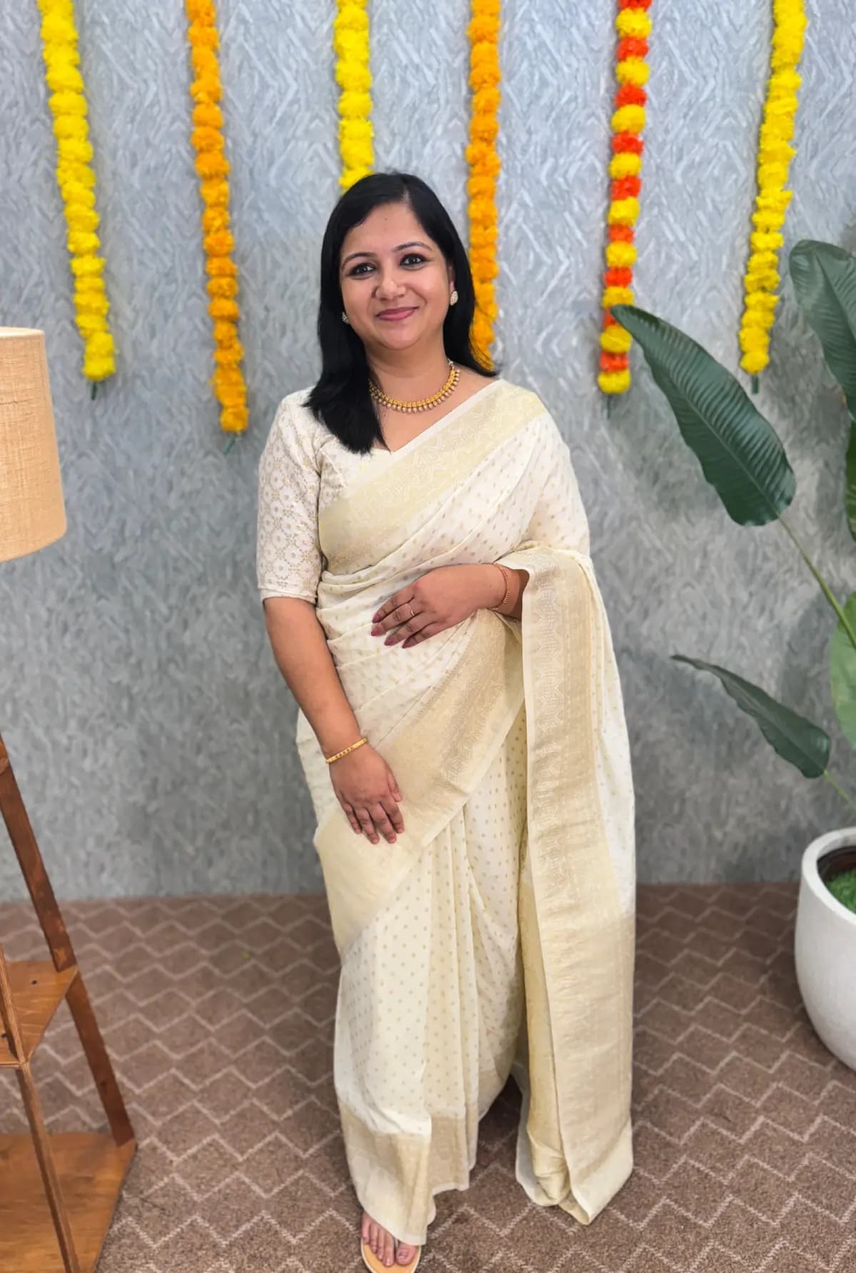 Onam special Party wear saree in Banarasi weaving -  Cream n Off-White mix
