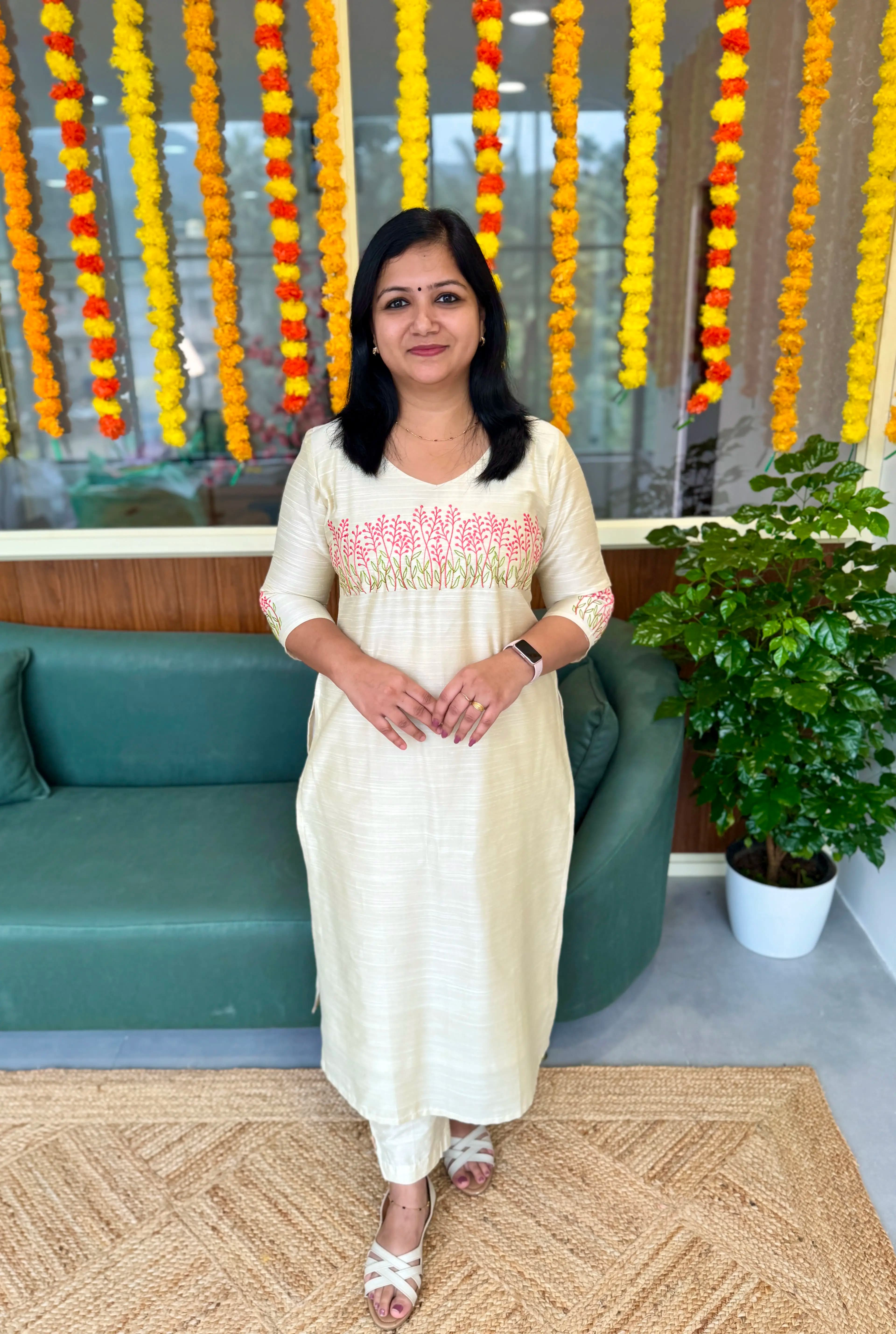 Onam special Florique  Kurti in Slub Silk -  Off-white