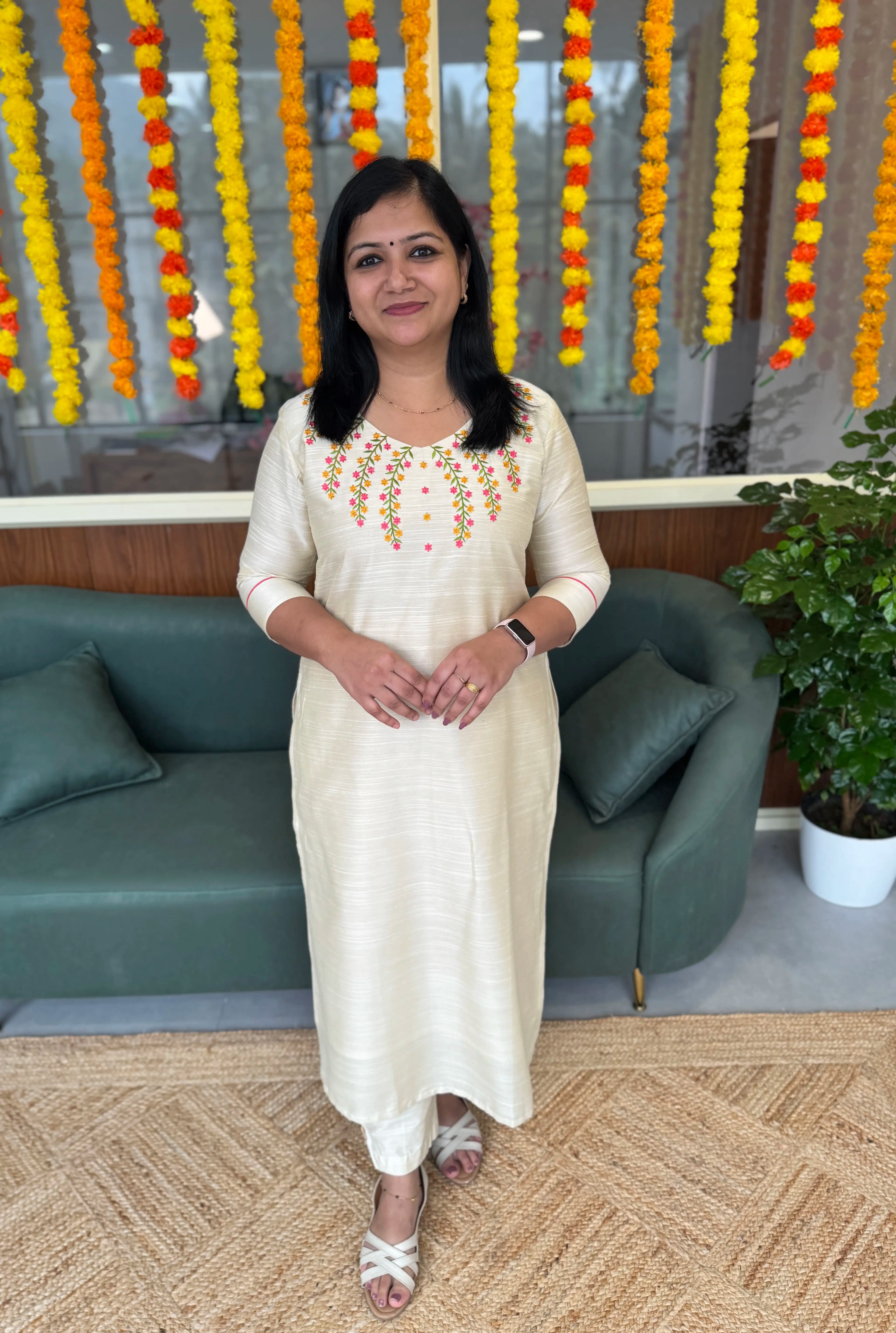 Onam special Florique  Kurti in Slub Silk -  Off-white