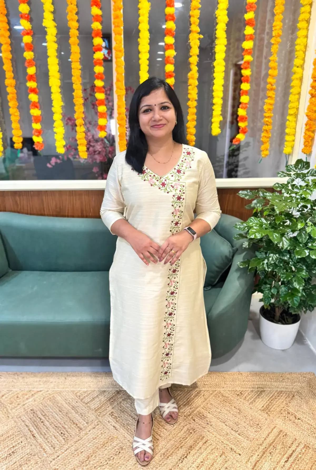 Onam special Florique  Kurti in Slub Silk -  Off-white