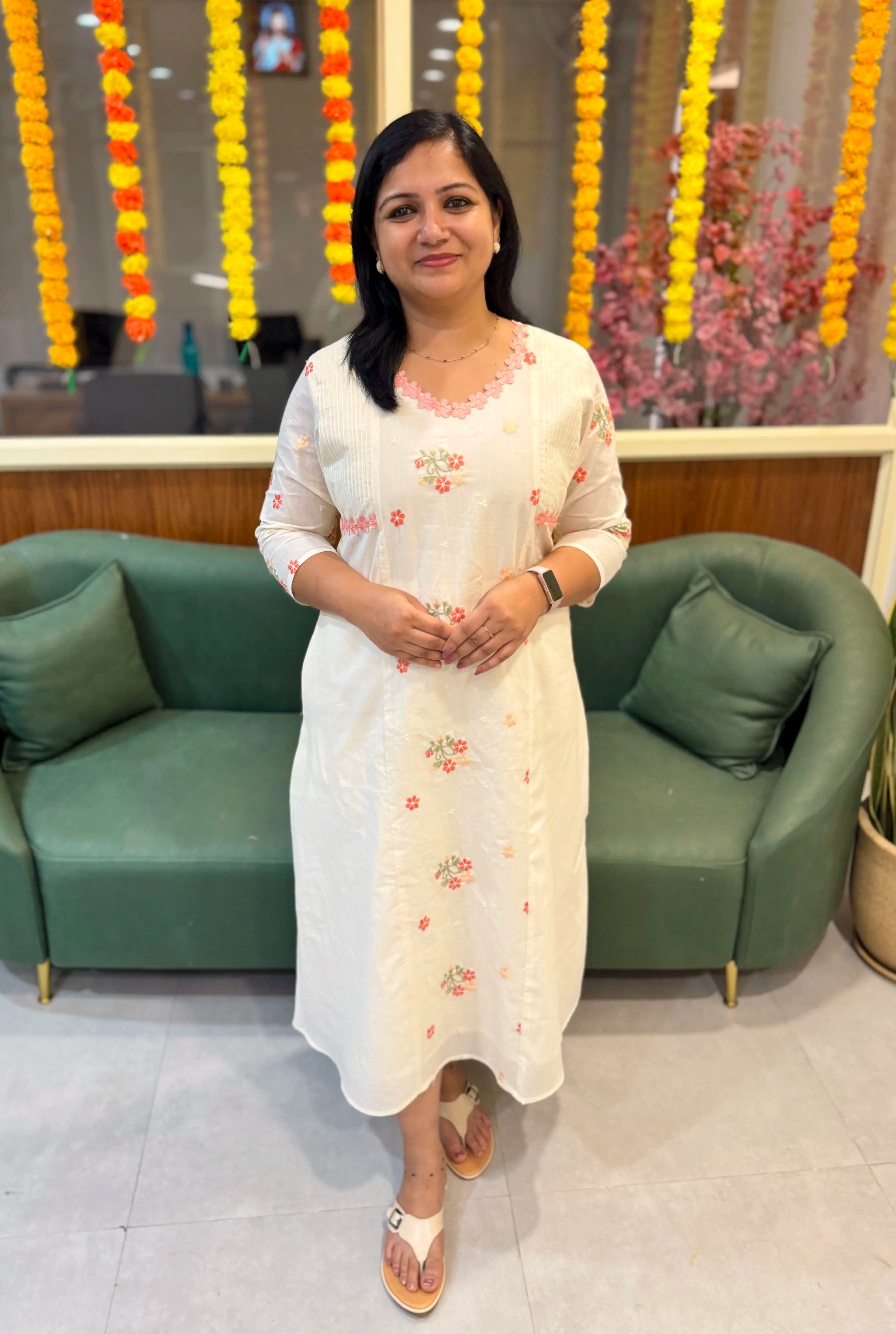 Florista Onam Special A line Kurti in Cotton - Off-white