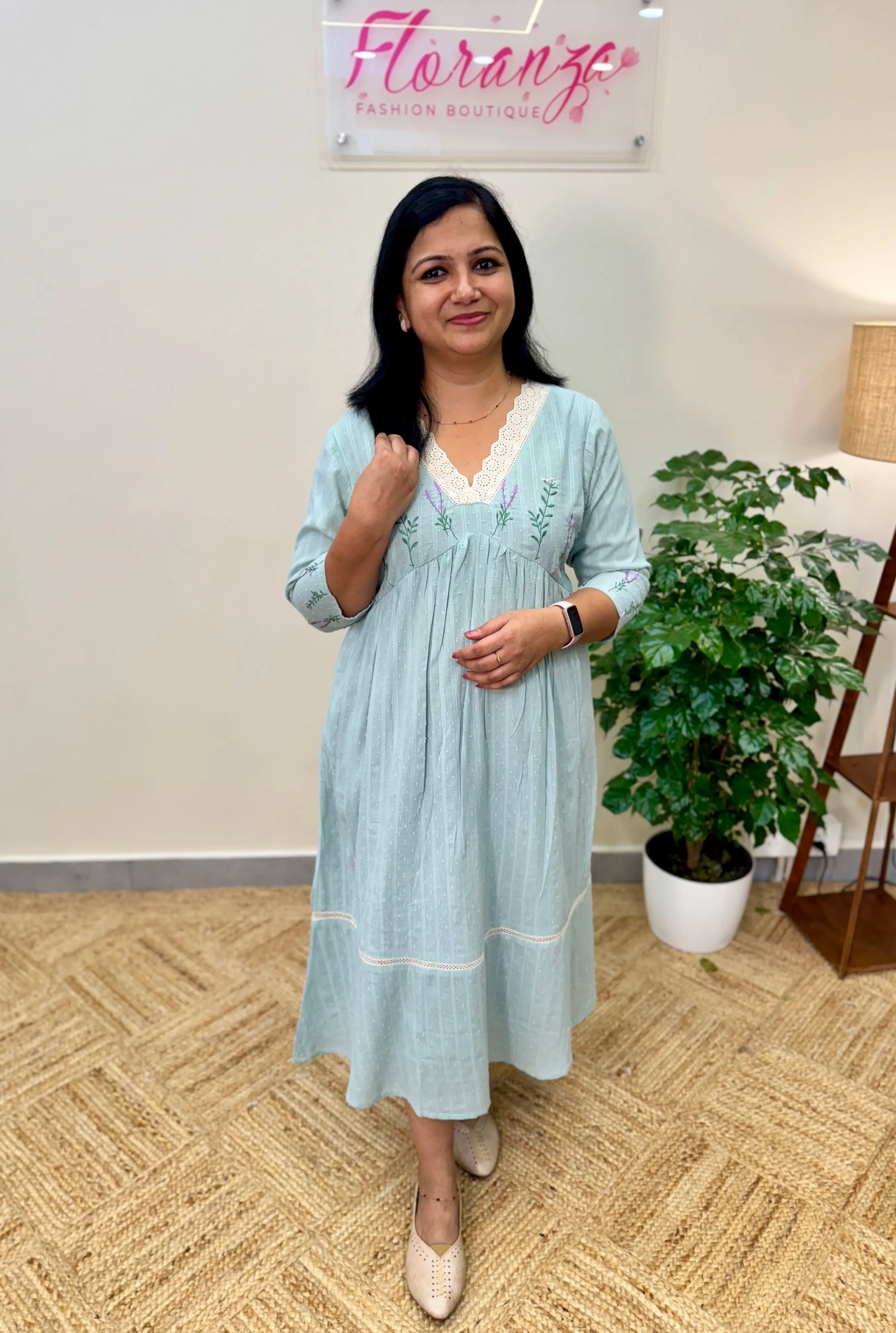 Alia cut Pattern Embroidery Kurti in Cotton - Pastel Blue
