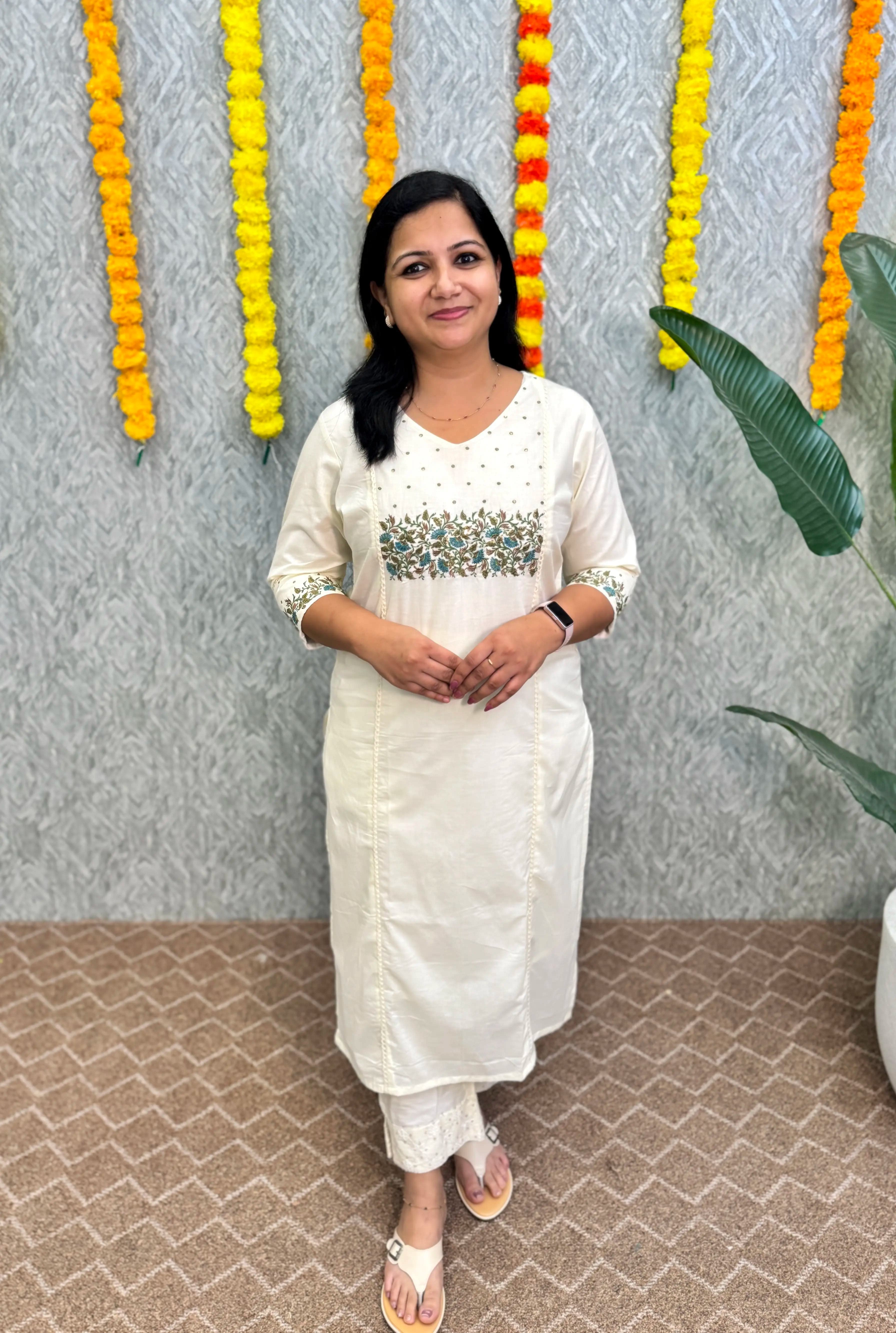 Branded Slitted Kurti in Cambric Cotton with Embroidery  - Off-White B
