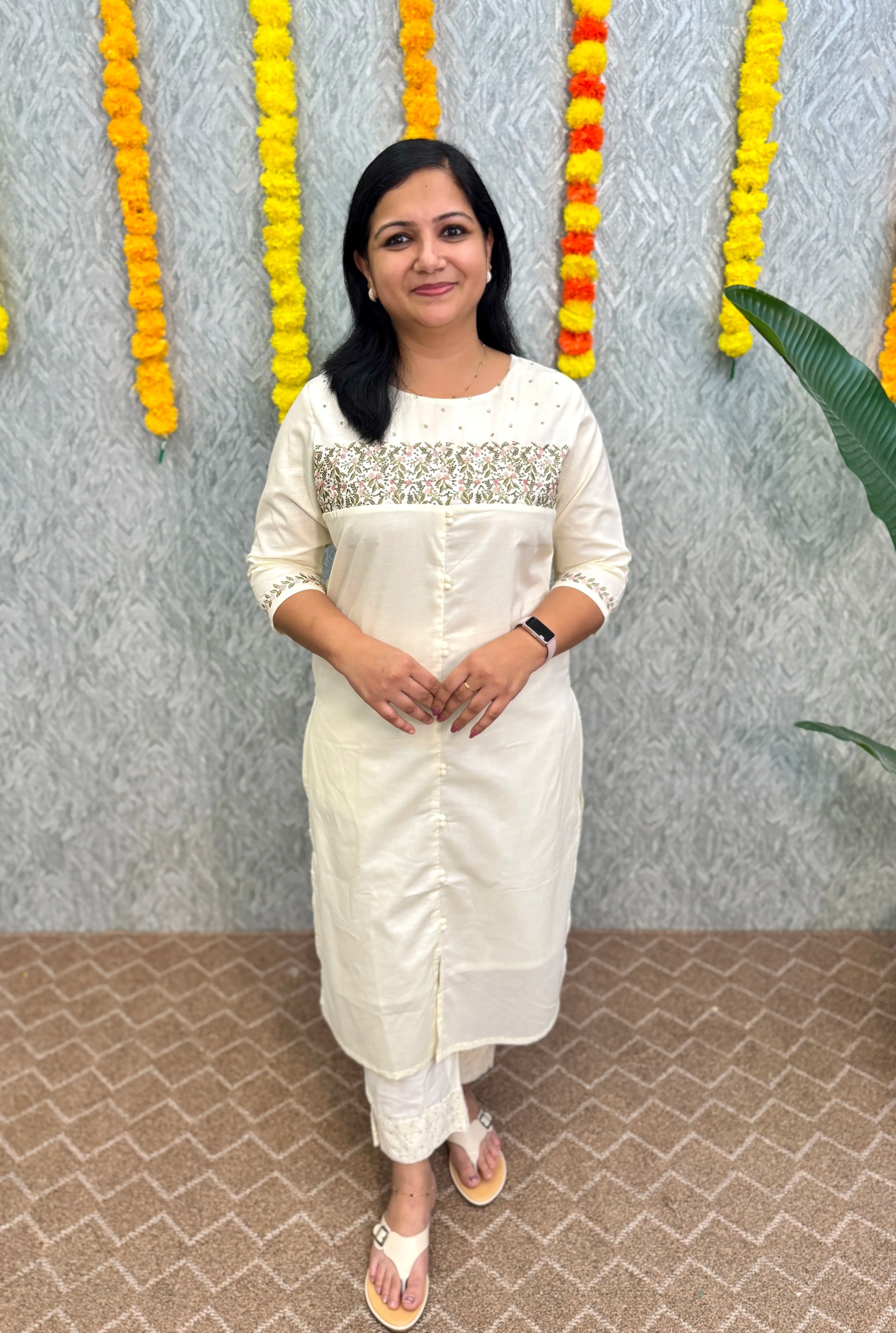 Branded Slitted Kurti in Cambric Cotton with Embroidery  - Off-White C