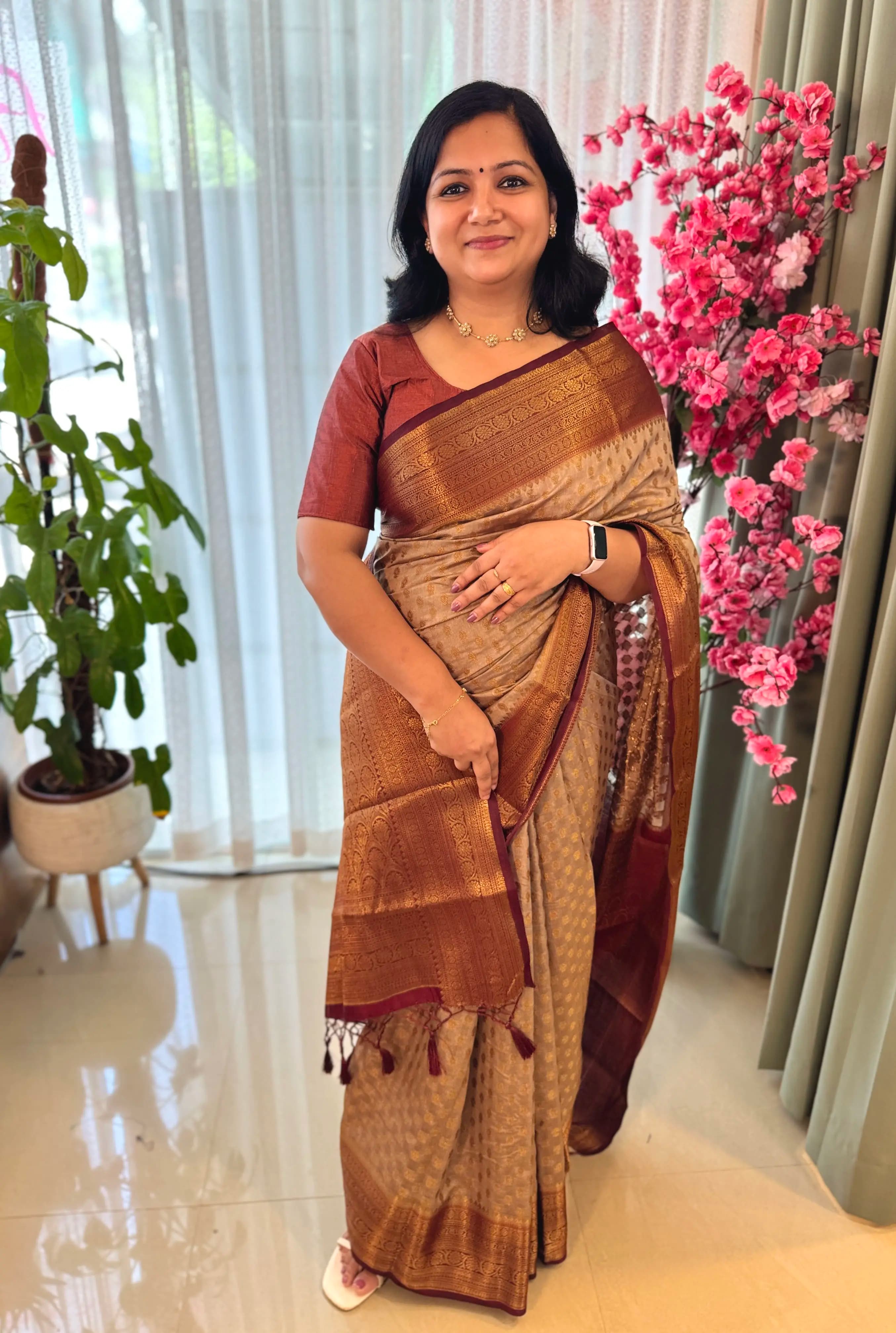 Party wear saree in Banarasi weaving - Yellow Mix Chiku
