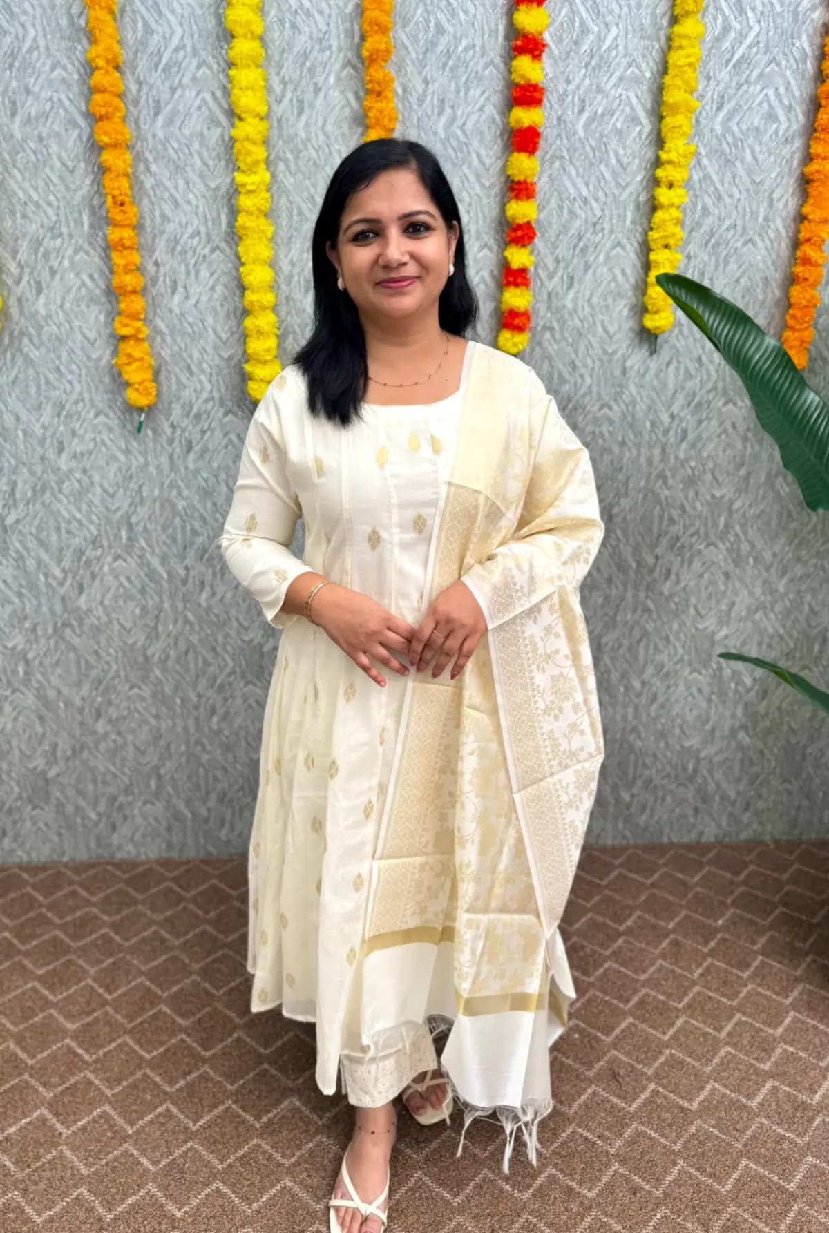 Onam special Panel Cut Anarkali and Dupatta set - Kerala Cream