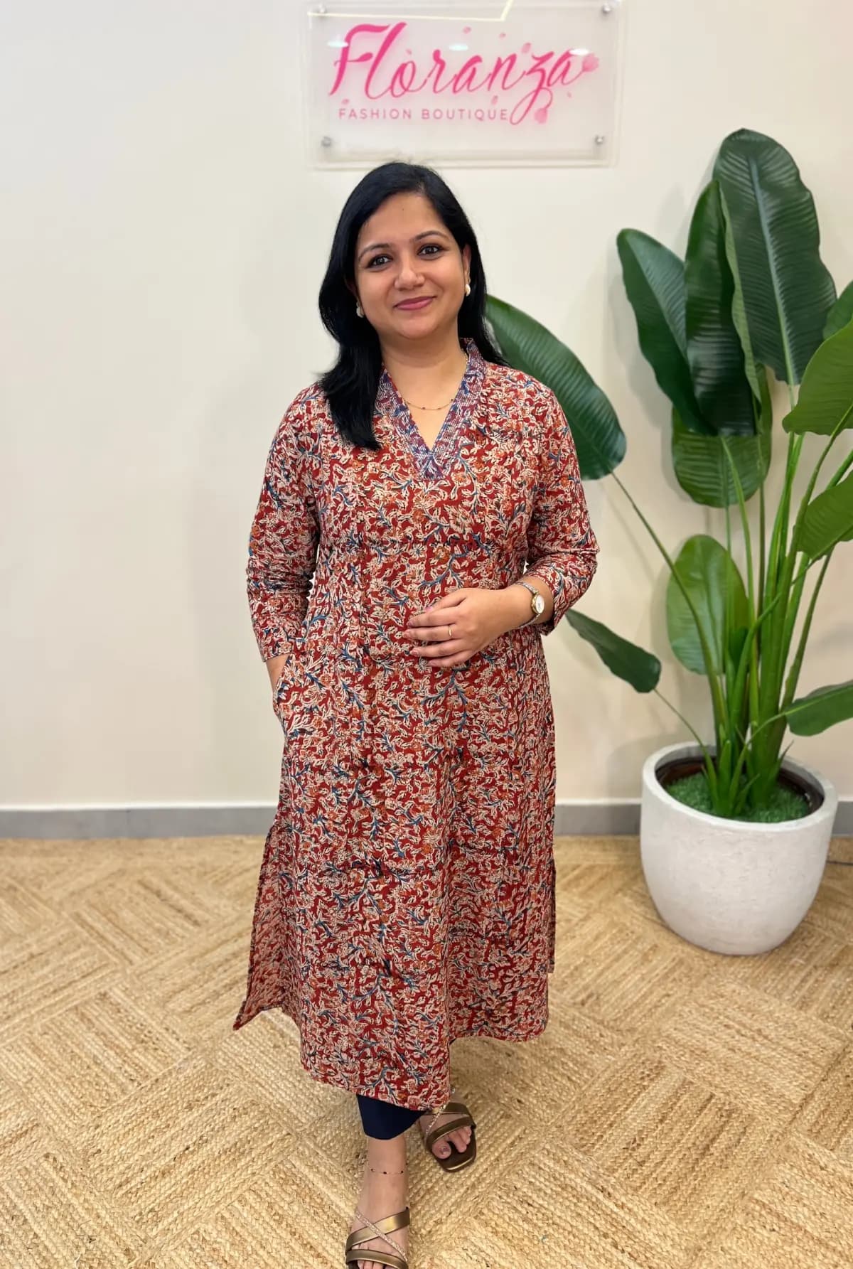 Florista Kurti in Cotton with Kalamkari print  - Brick Maroon