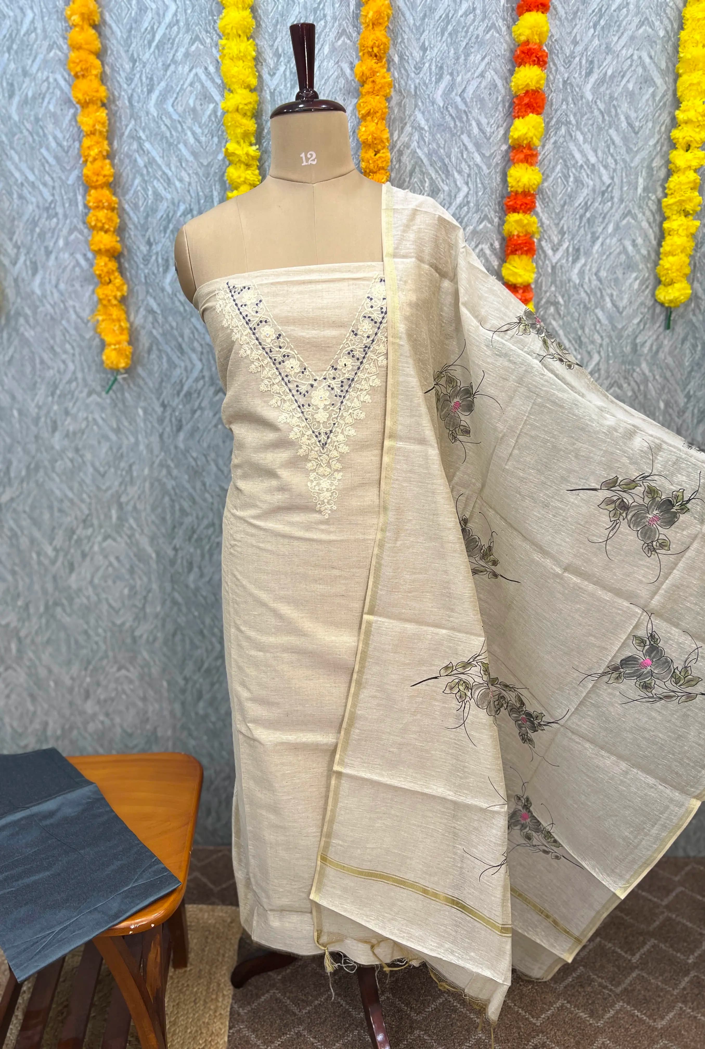 Unstitched Salwar Material in Semi Jute - Chiku and Ash