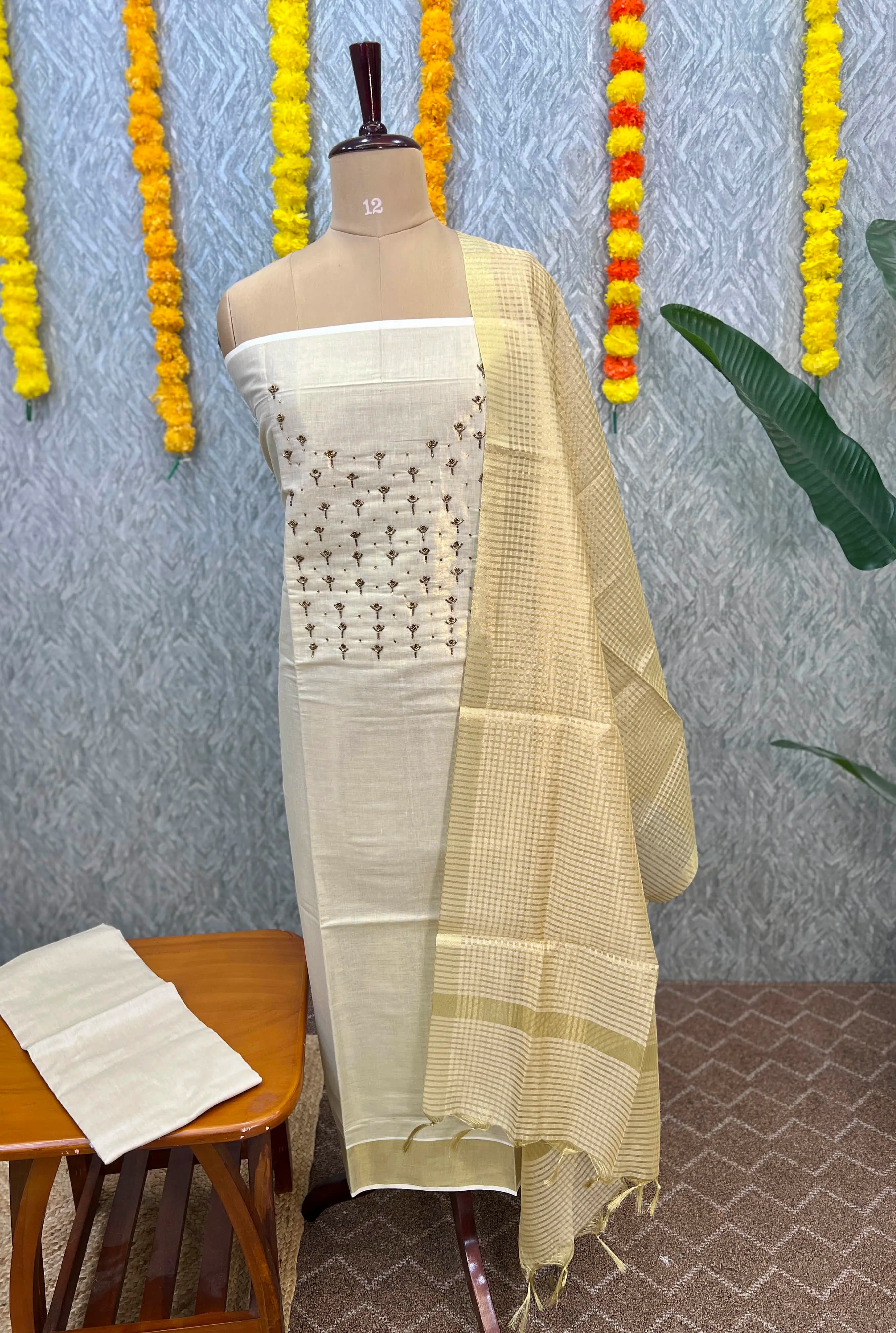 Unstitched Salwar Material in Tissue - Off-White n Beige