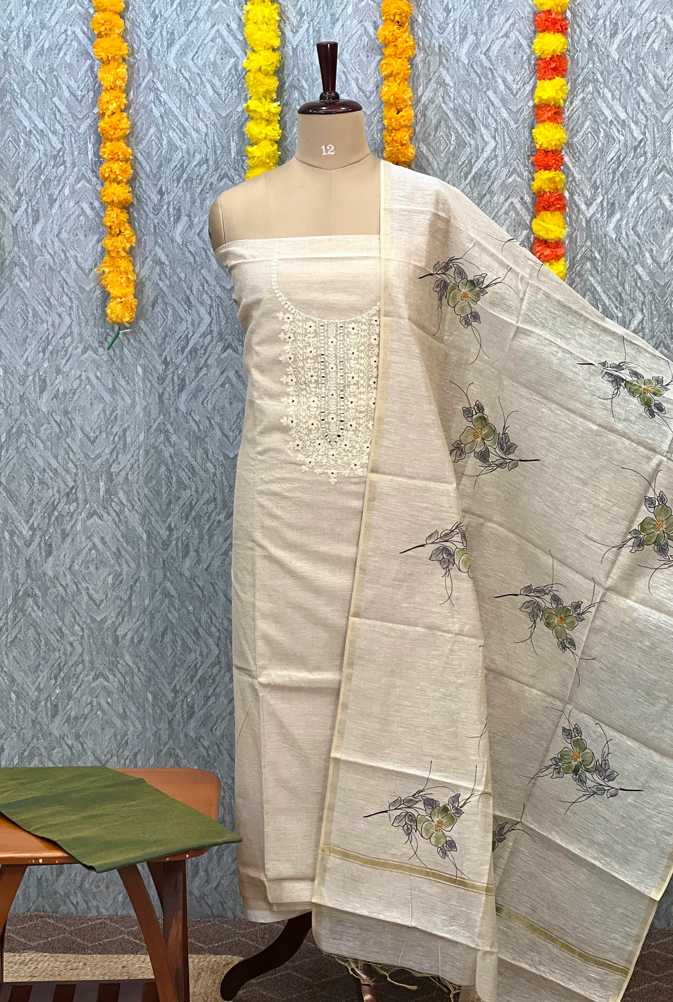 Unstitched Salwar Material in Semi Jute -  Beige n Chiku