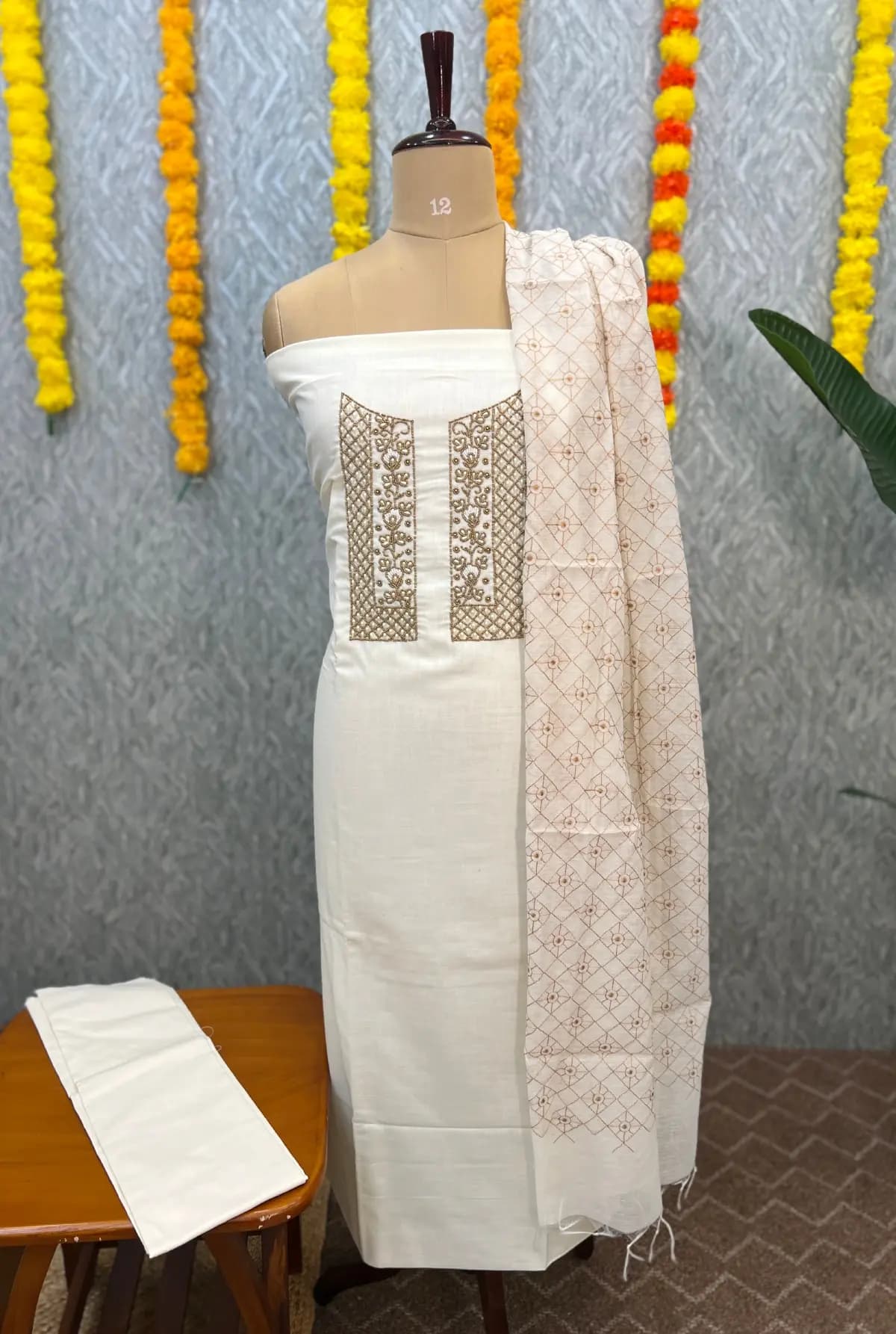 Unstitched Salwar Material in Linen -  Off-White plus Cream