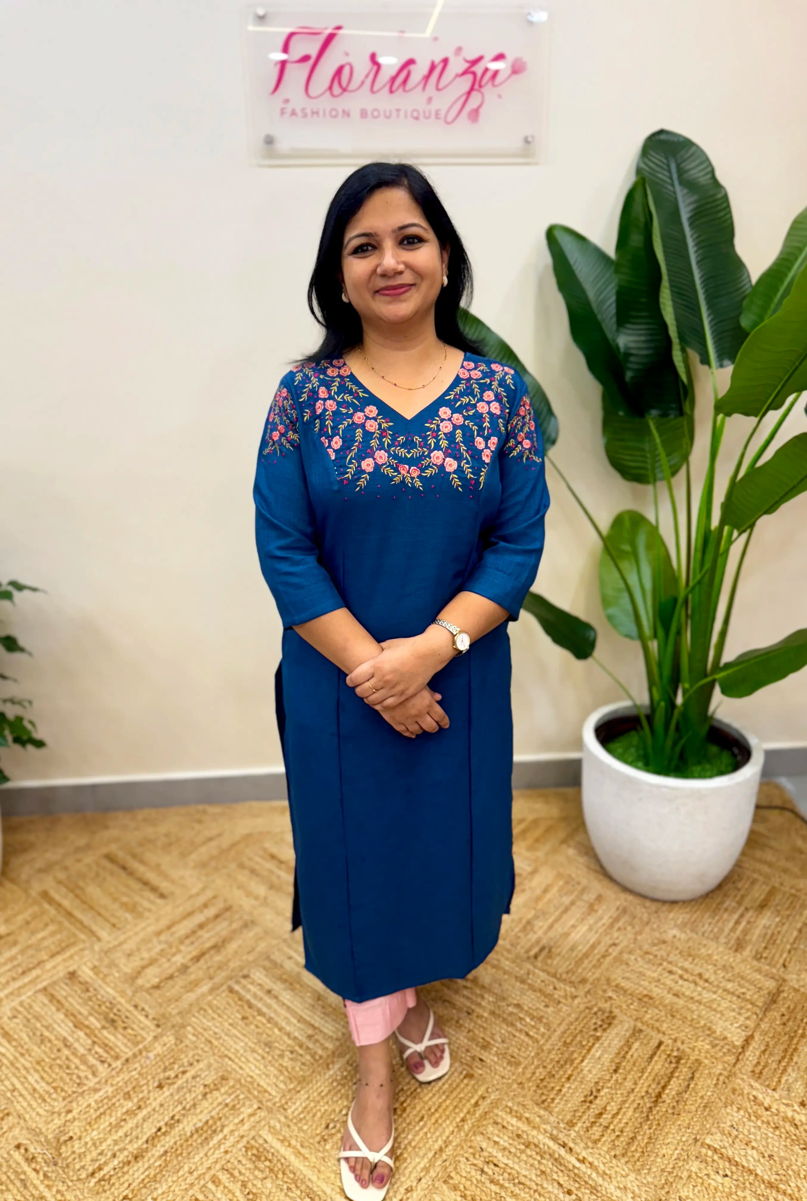 Embroidery Slitted Kurti in Imported Fabric - Teal Blue
