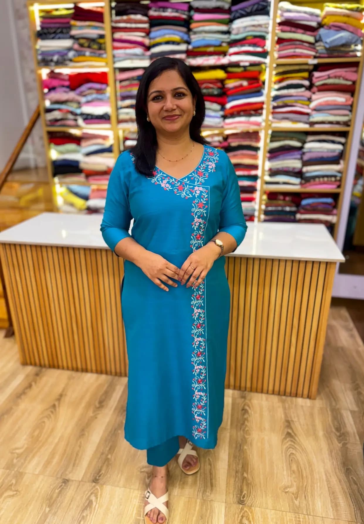 Florique Embroidery Kurti in Slub Silk - Kingfisher n Peacock Blue