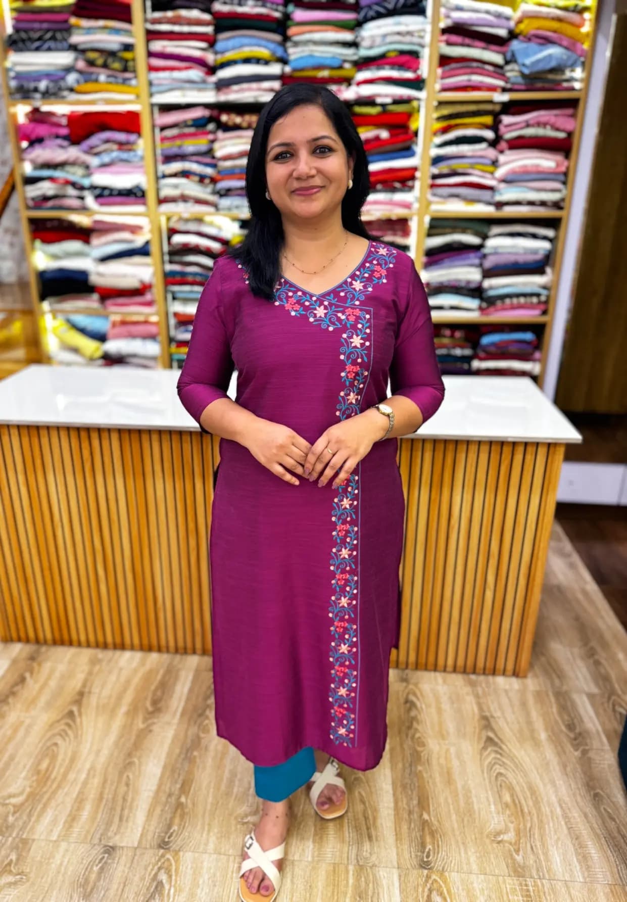 Florique Embroidery Kurti in Slub Silk - Purple mix wine