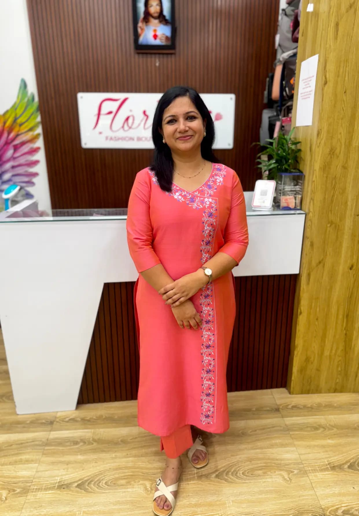 Florique Embroidery Kurti in Slub Silk - Peach