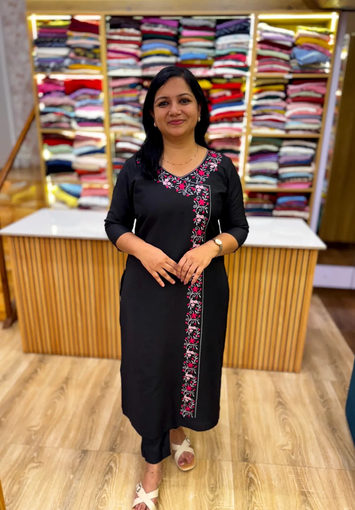 Florique Embroidery Kurti in Slub Silk - Black