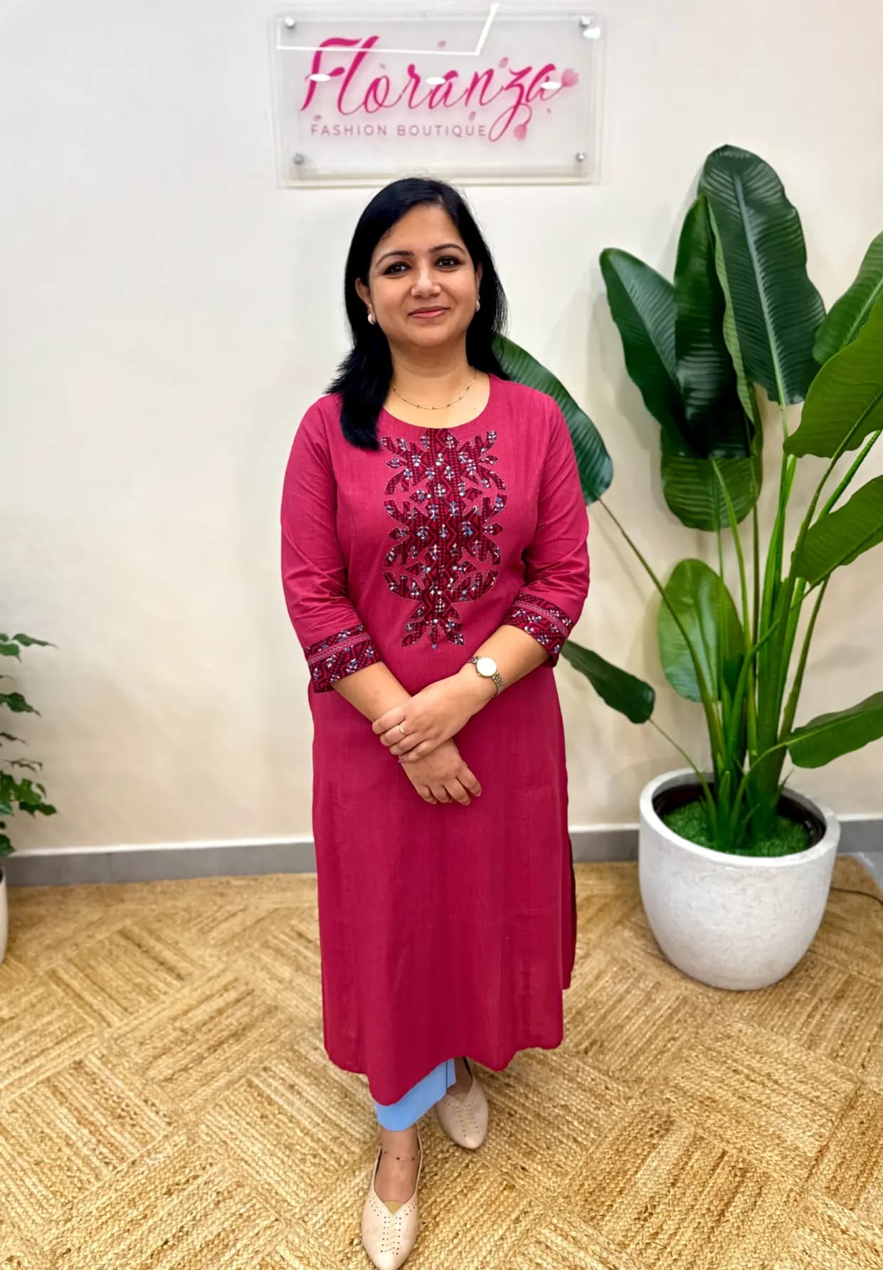 Anvita Brand Kurti in Pure Cotton  - Red mix Pink