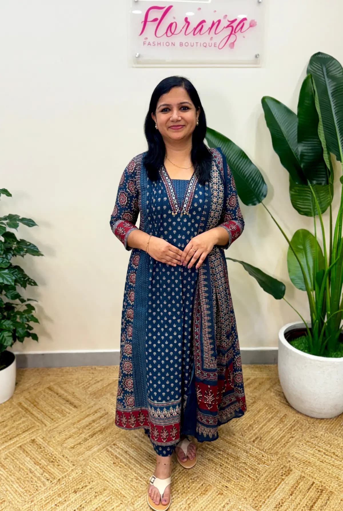 Panel Cut Anarkali 3 Piece Set in Soft Cotton Fabric - Dusty Teal Blue