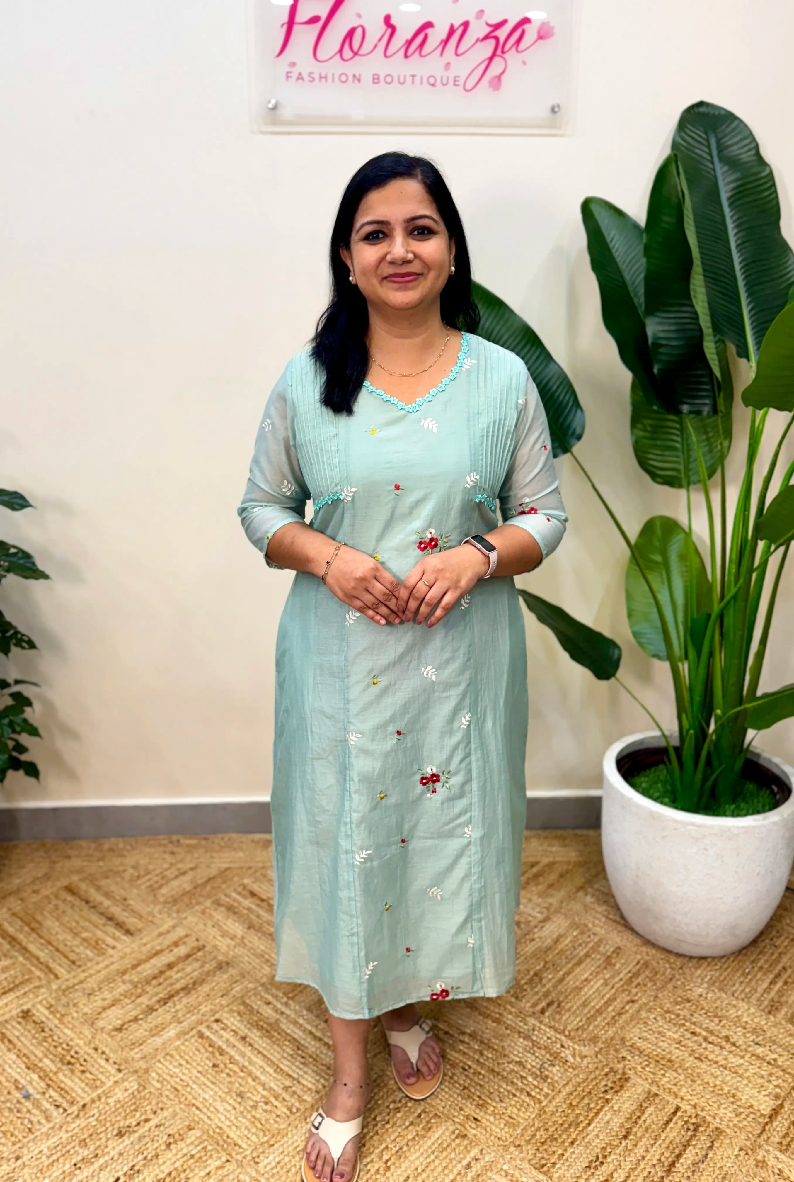 Florista A line Kurti in Mul-Chanderi - Aqua Green