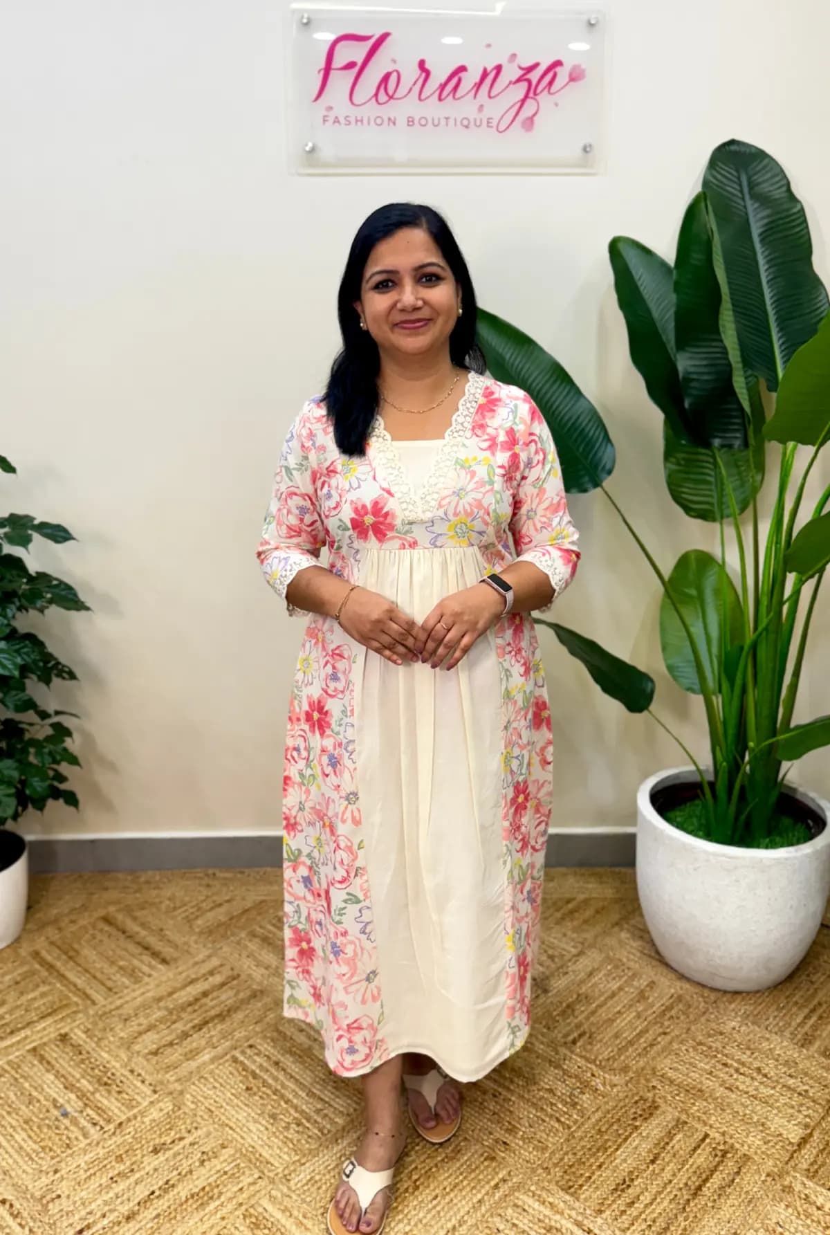Kurti in Flex Cotton - Off-white with multi colour print