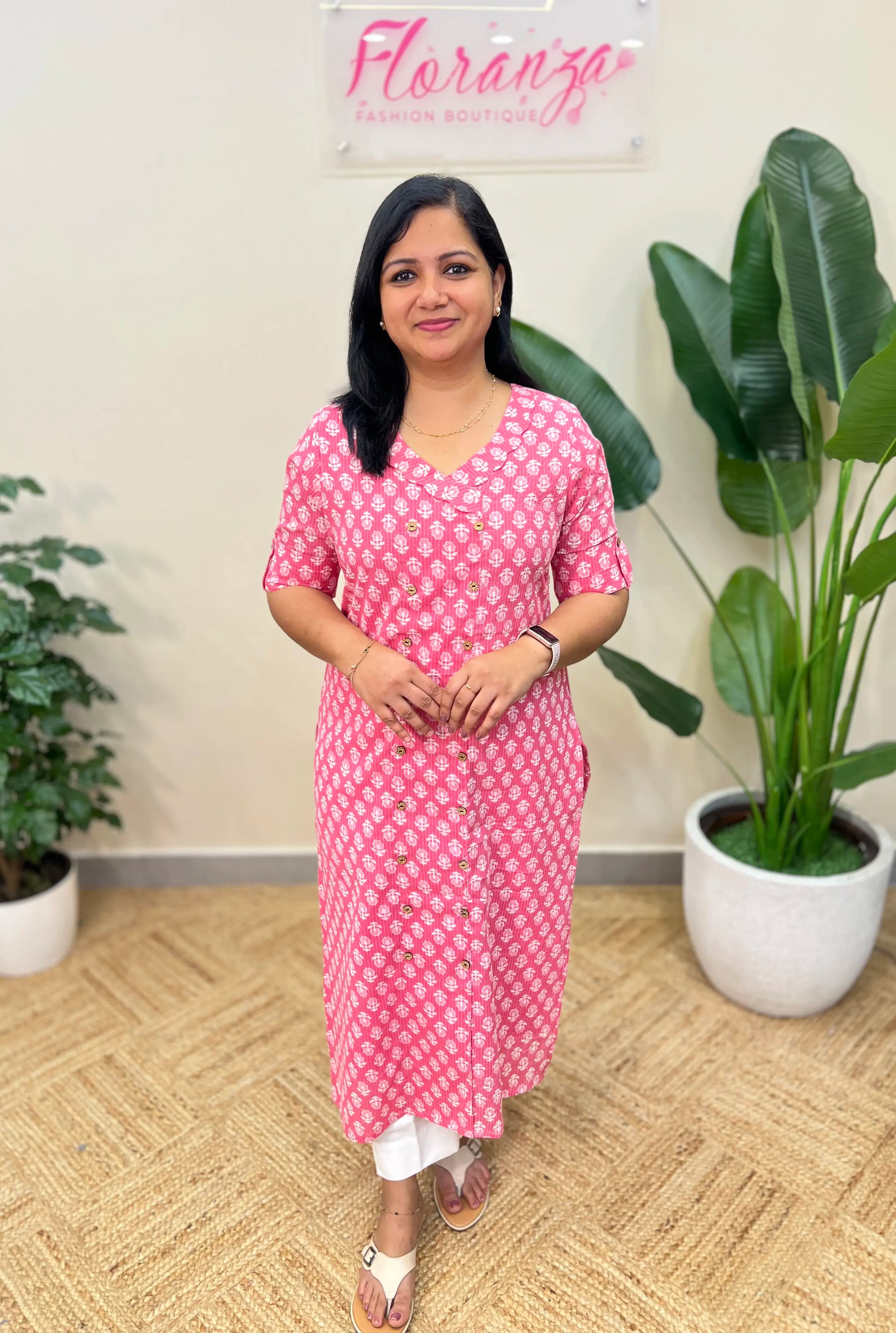 Florista Casual Wear Kurti in Cotton - Pink with Small Floral