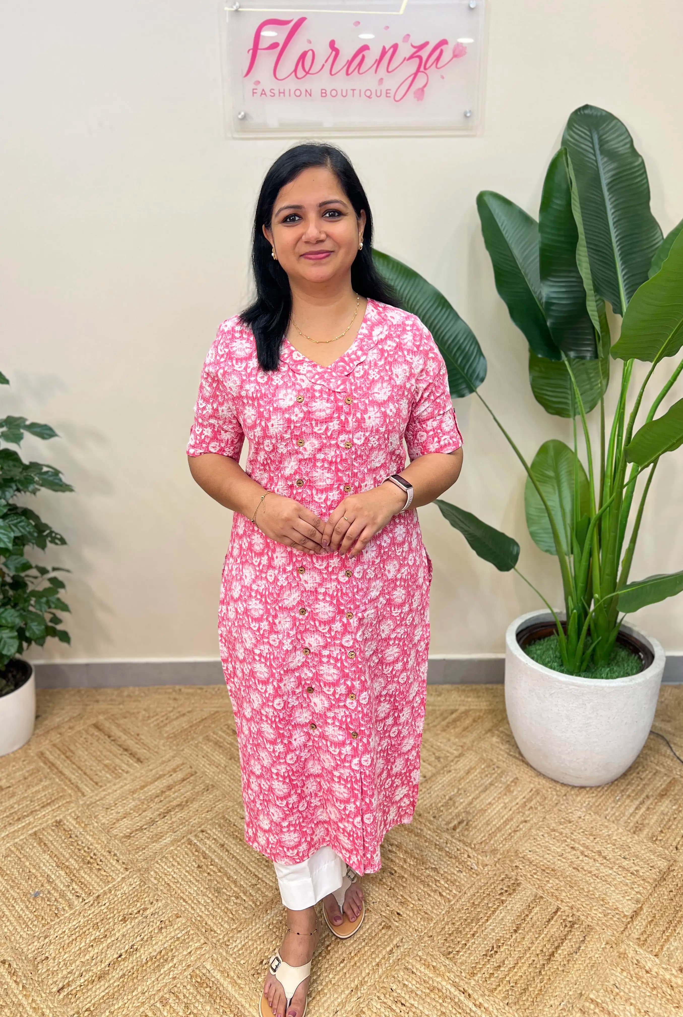 Florista Casual Wear Kurti in Cotton -  Pink with Big Floral