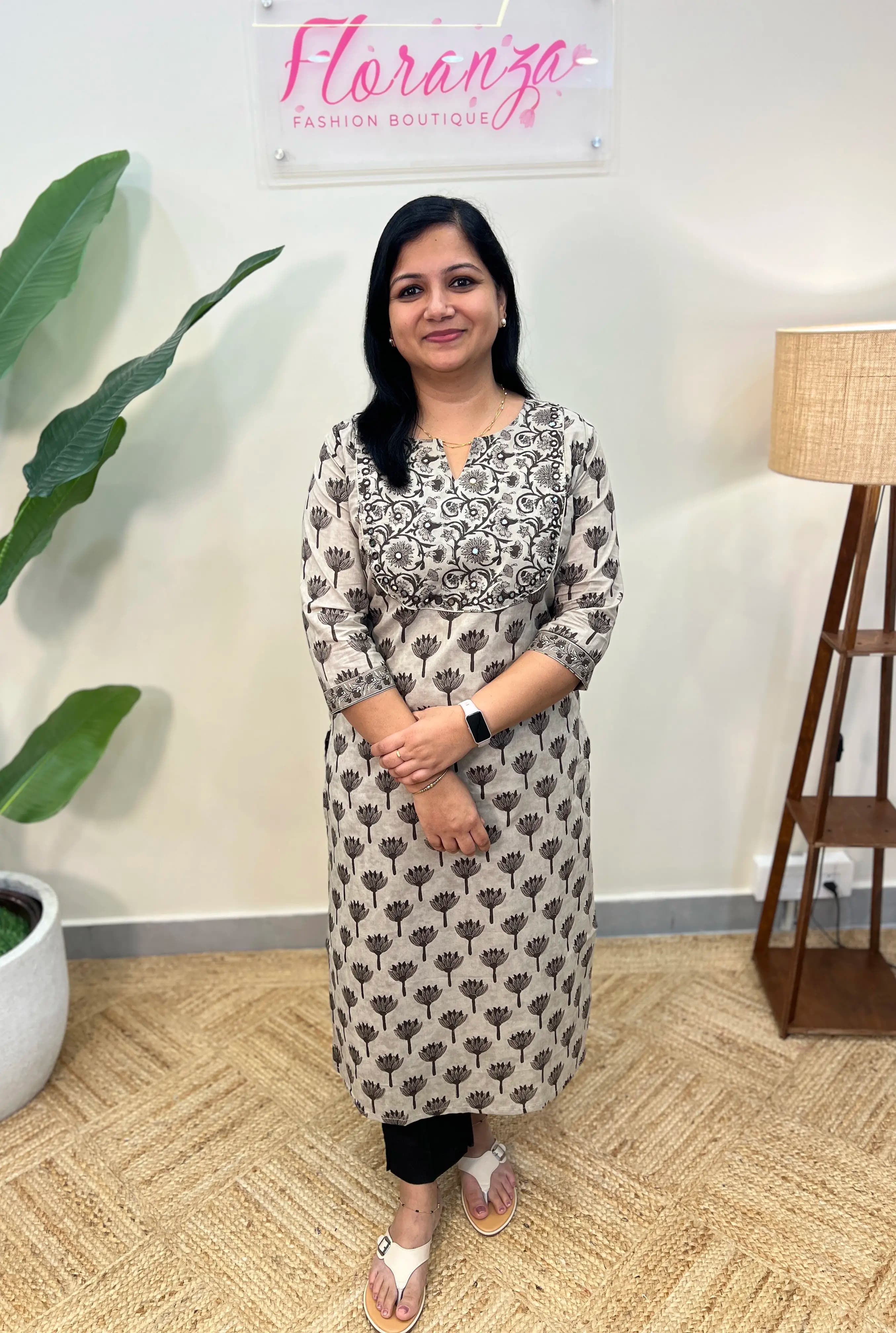 Kurti in Cotton - Bright Chiku with Coffee brown print