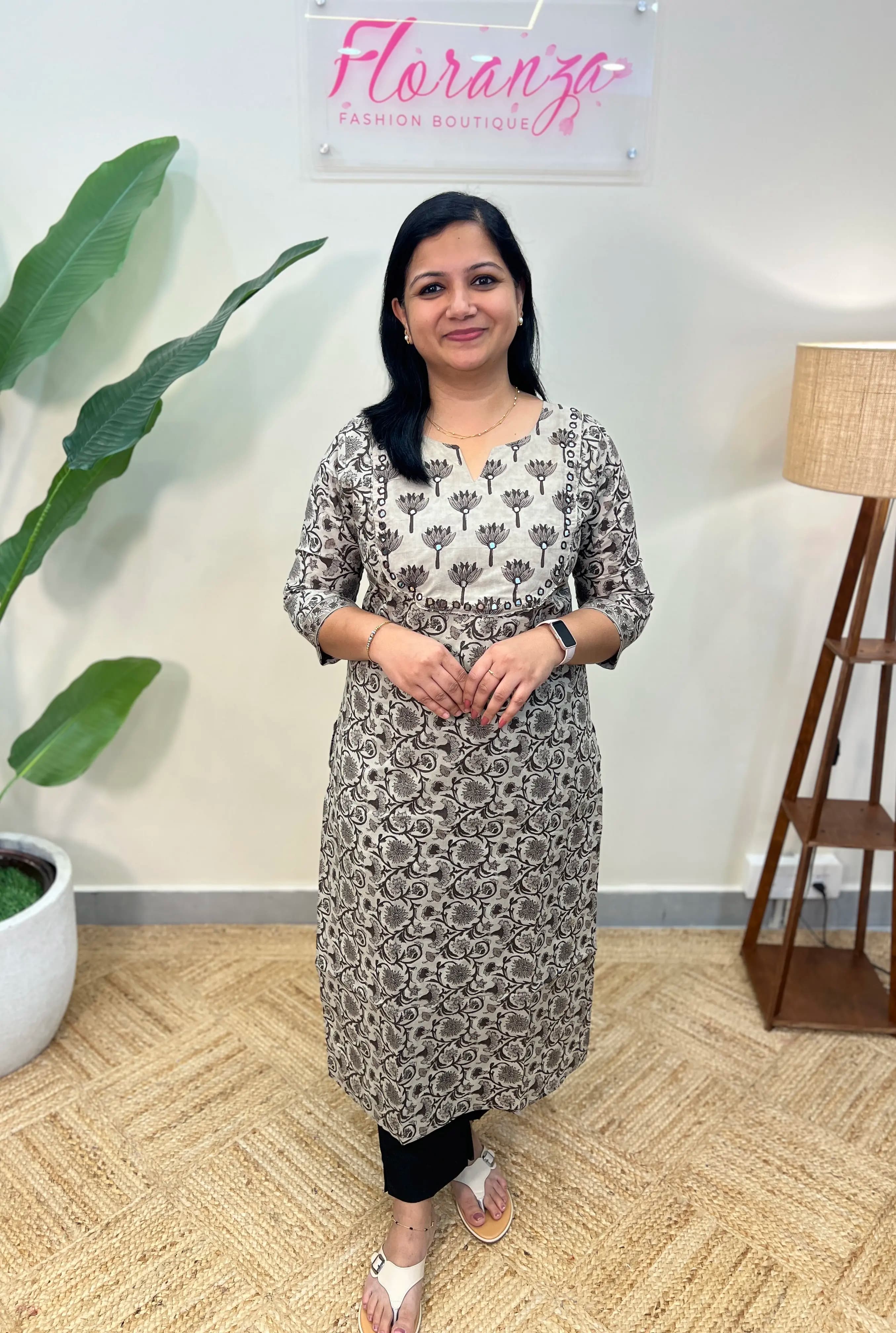 Kurti in Cotton - Bright Chiku with Coffee brown print