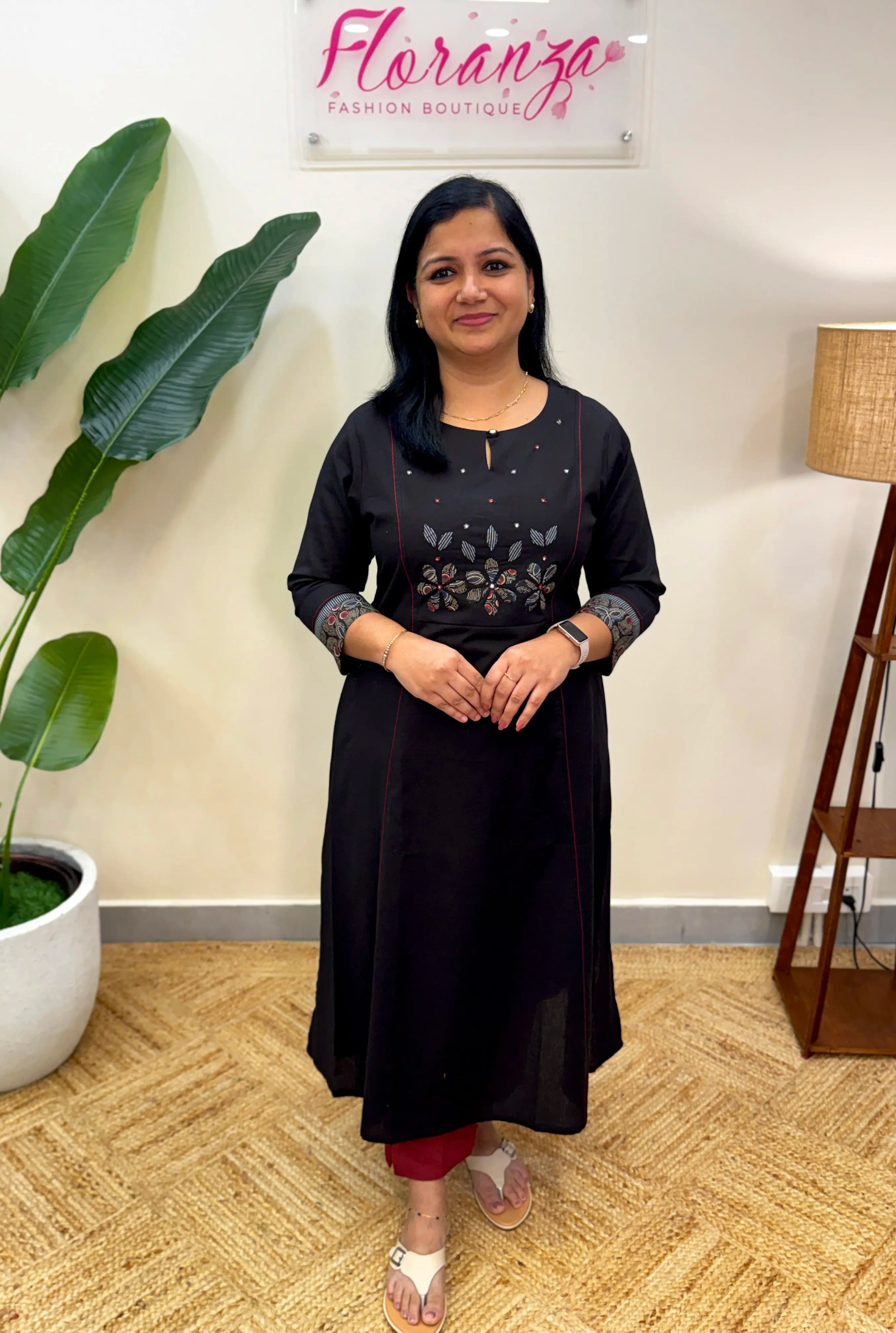 Anvita Brand Kurti in Pure Cotton - Black n Brick Red Combo
